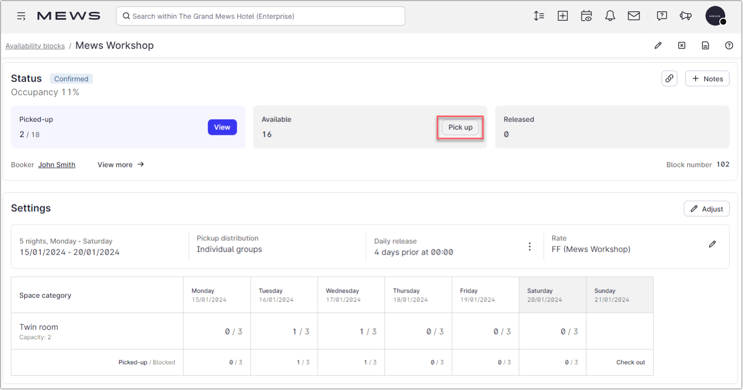 Picking up reservations in availability blocks
