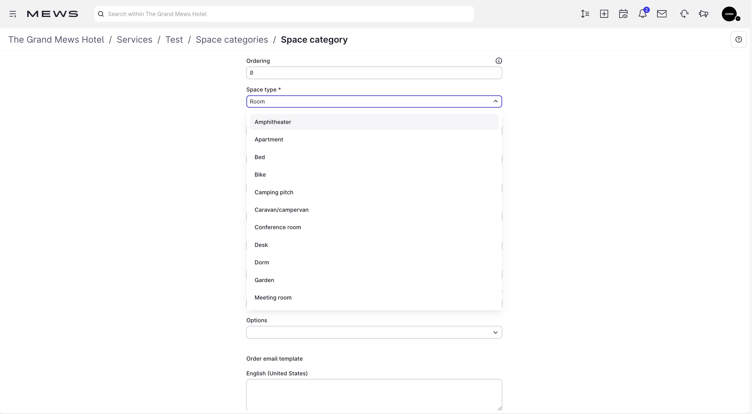 The create a space category screen, the space type field is shown.