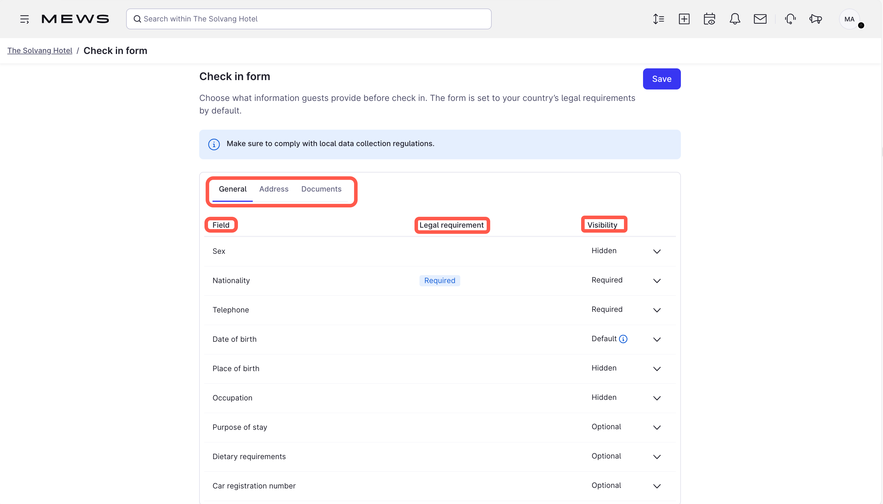 Customize your kiosk and online check-in with the Check in form