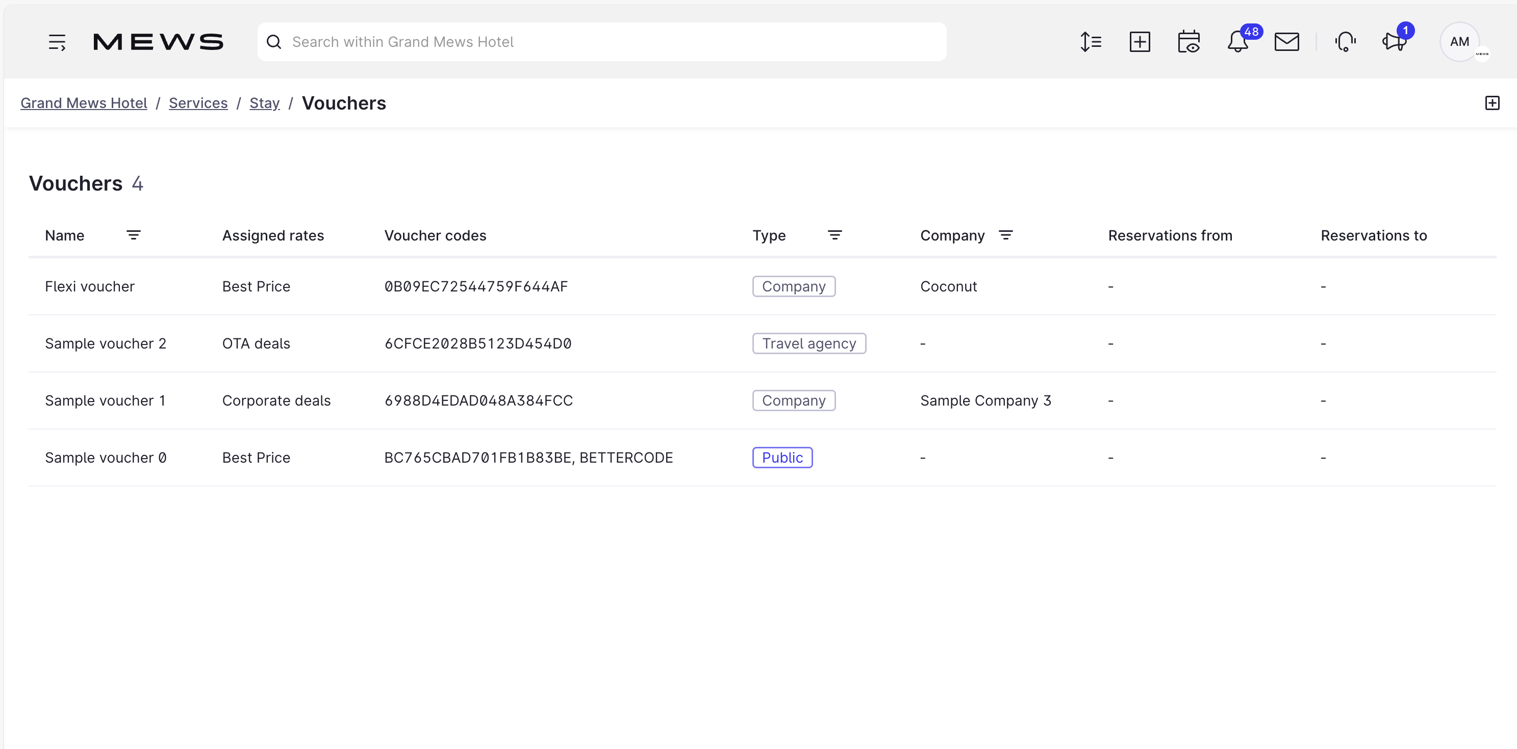 Vouchers screen