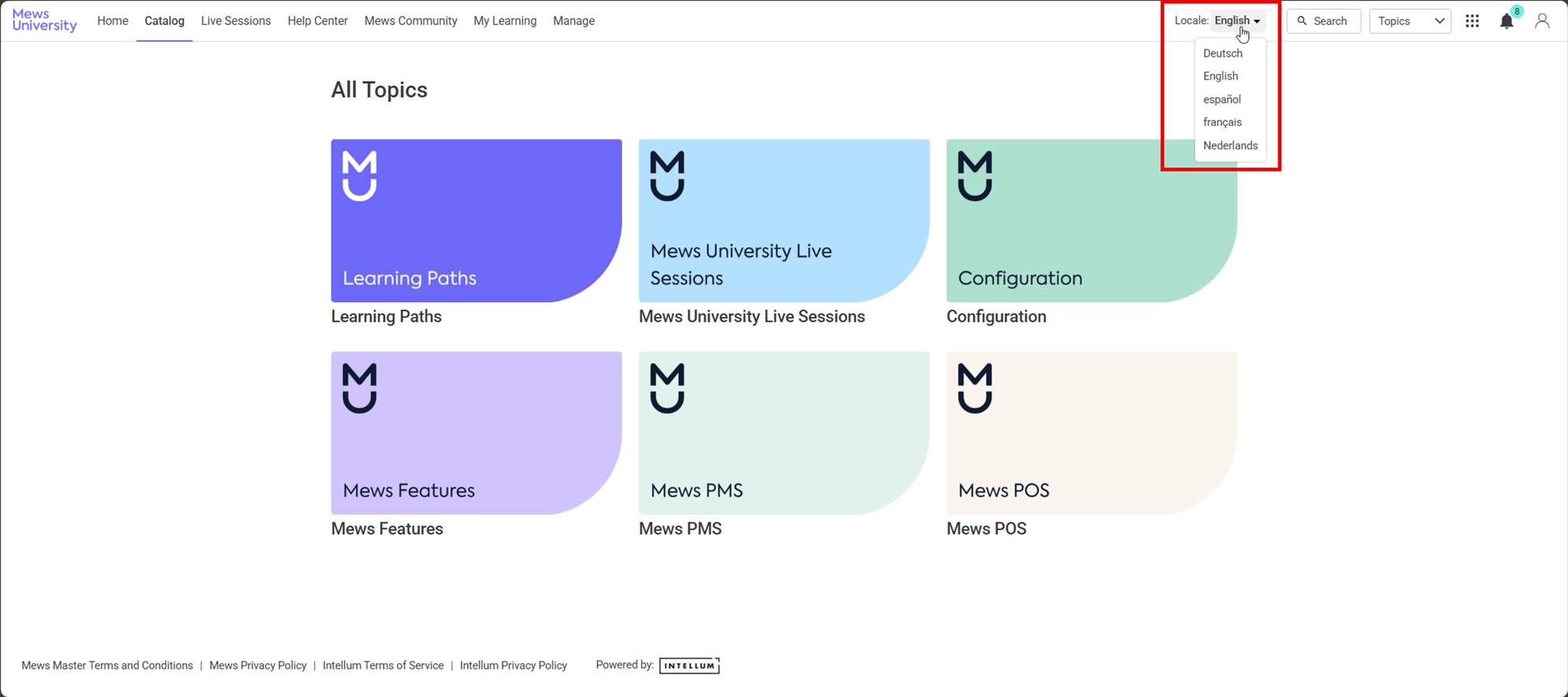 A screenshot of the Mews University catalog screen which displays 6 cards for various learning pathways and courses.