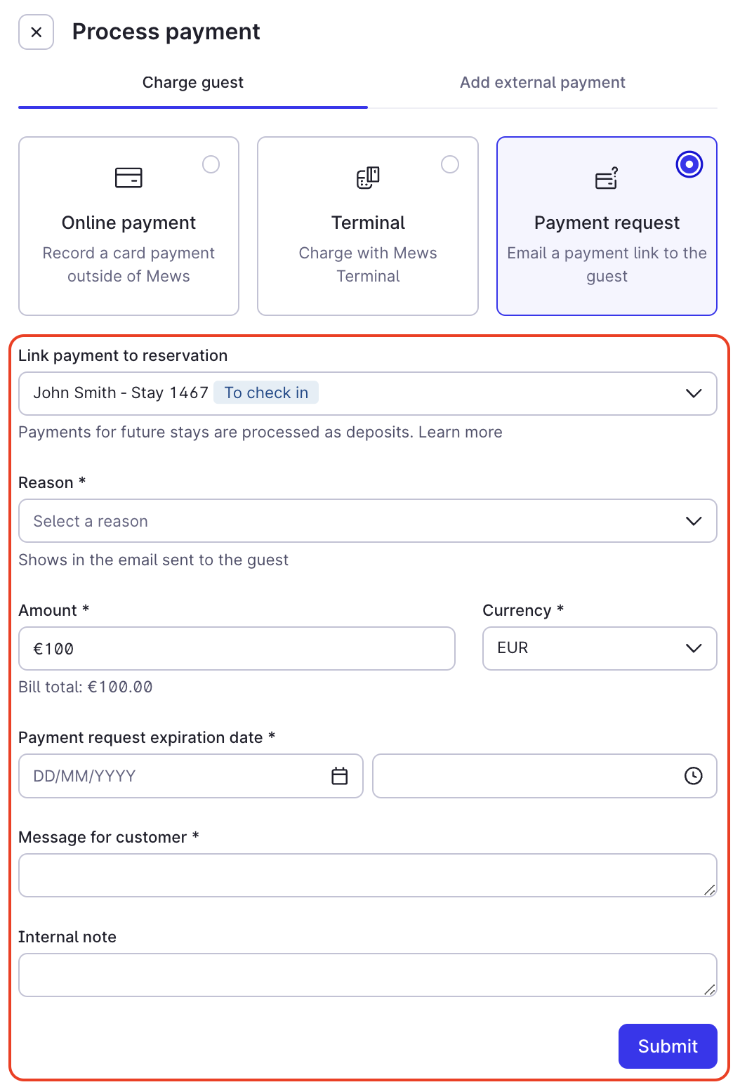 How to send a payment request by email in Mews Operations