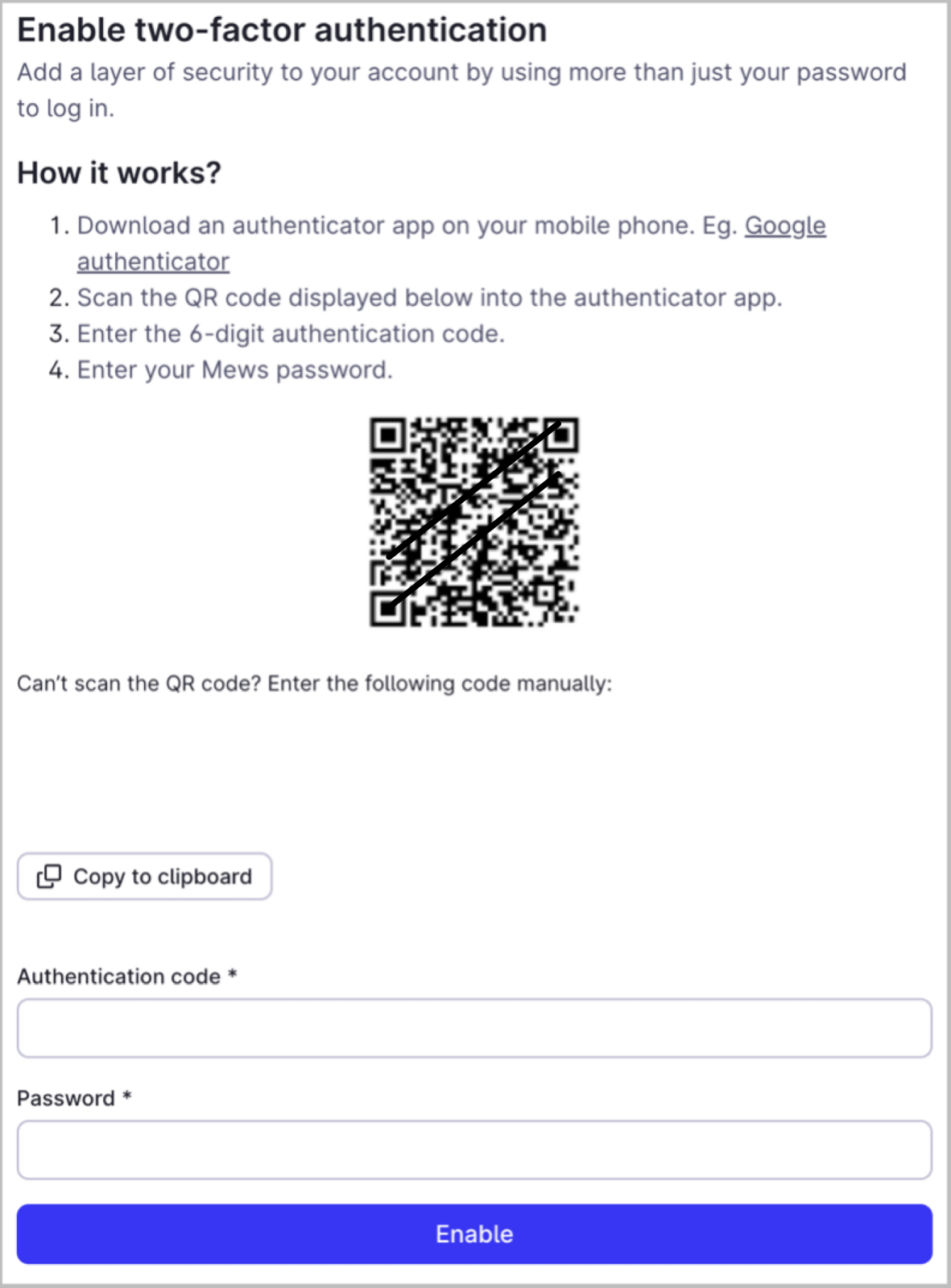 Two-factor authentication (2FA) login journey in Mews