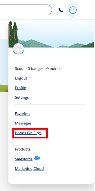 Salesforce Hands-On Orgs Menu