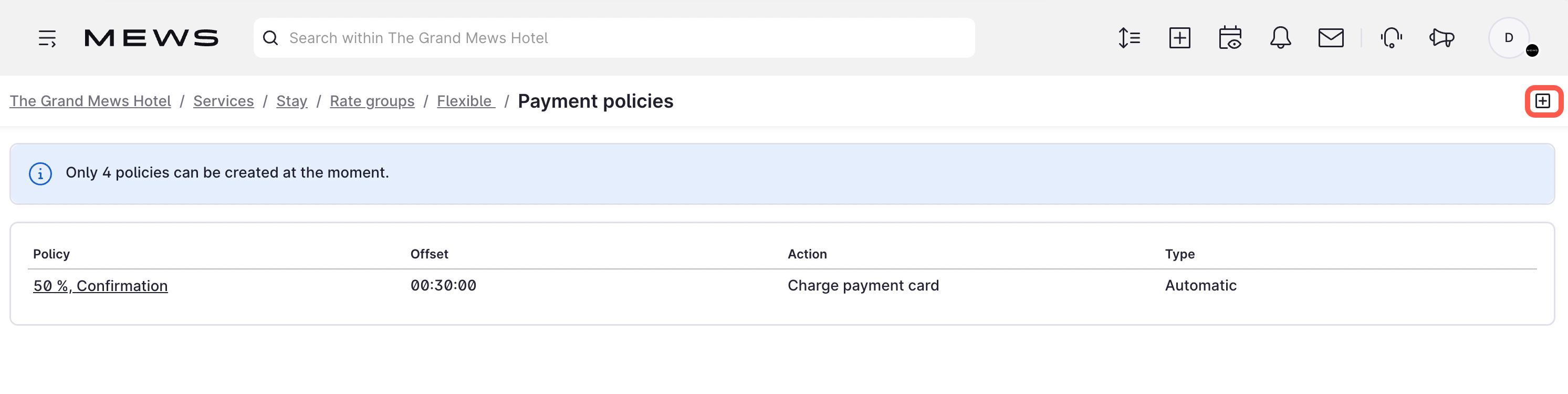 Image showing how to add multiple payment policies in Mews.