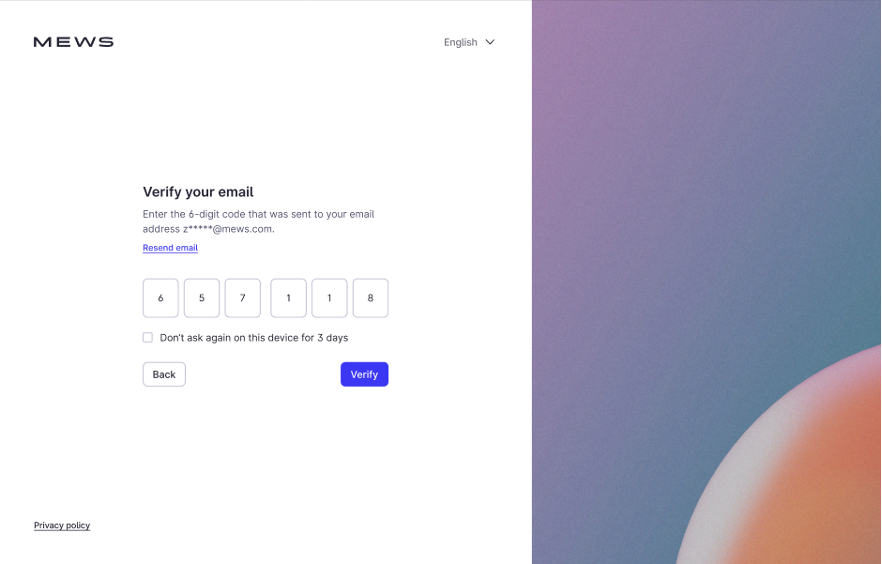 Verify your email enter code screen