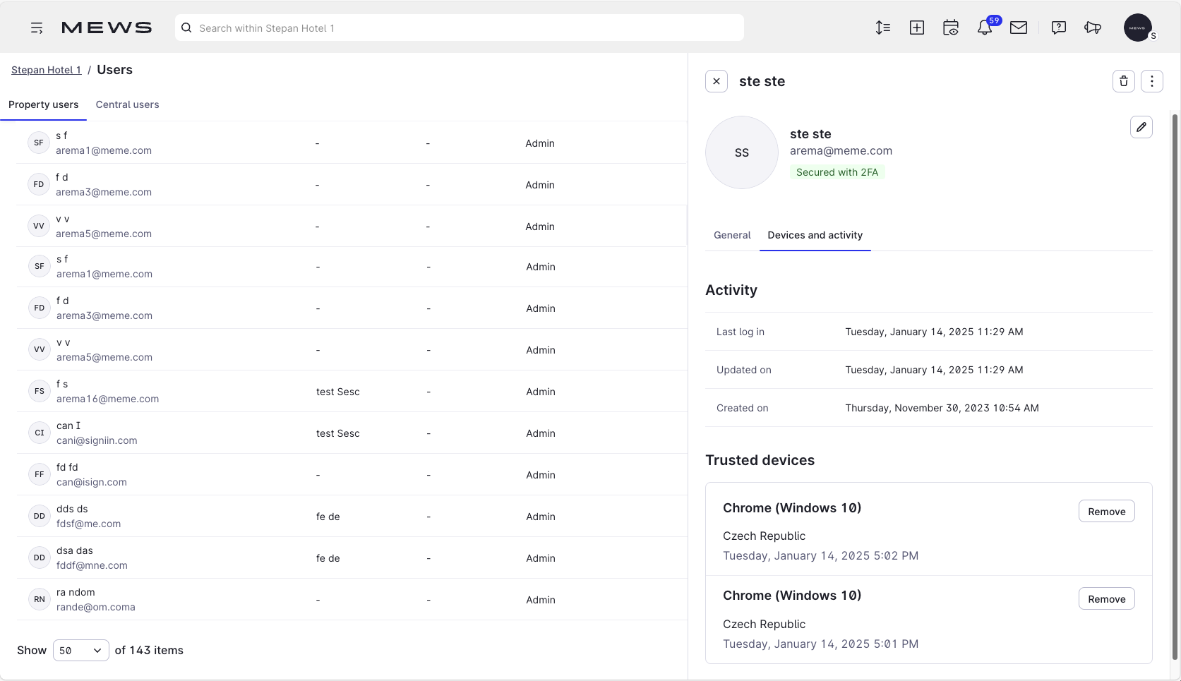 User account info trusted devices list