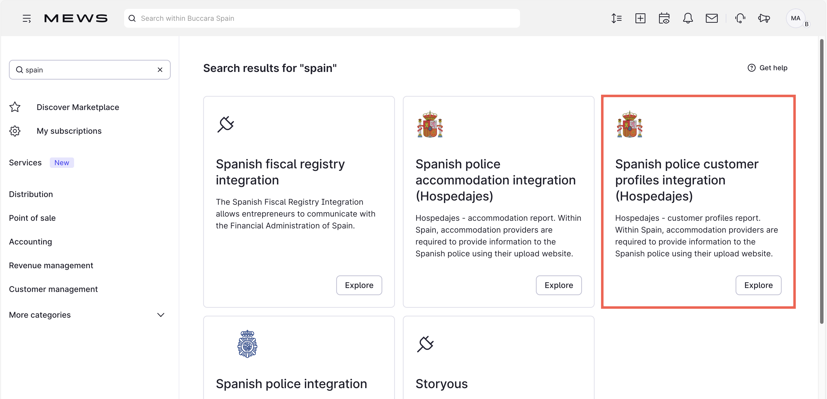 Mews Marketplace - Spanish police customer profiles integration screen.