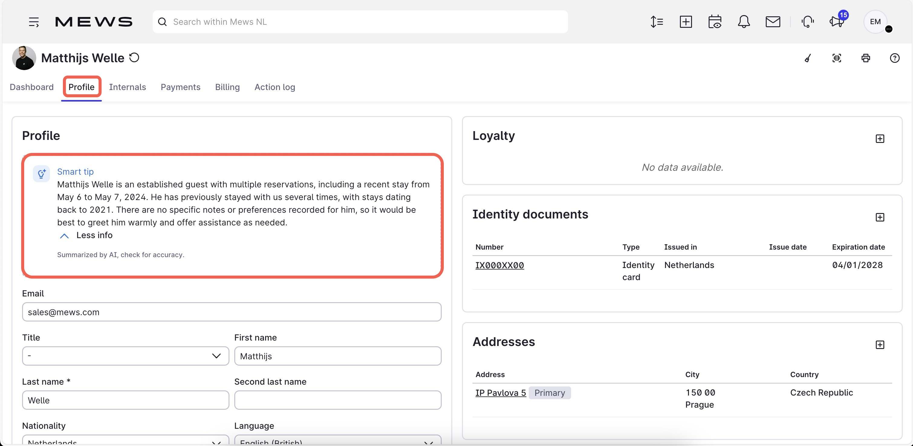 Screenshot of the Profile tab in the Customer management screen.