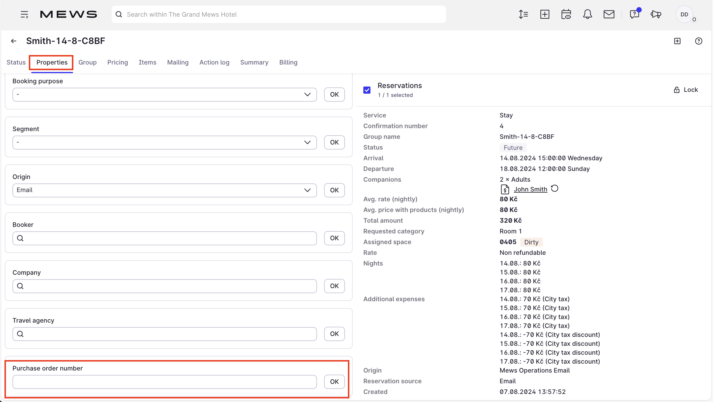 Purchase order number field in the reservation details view