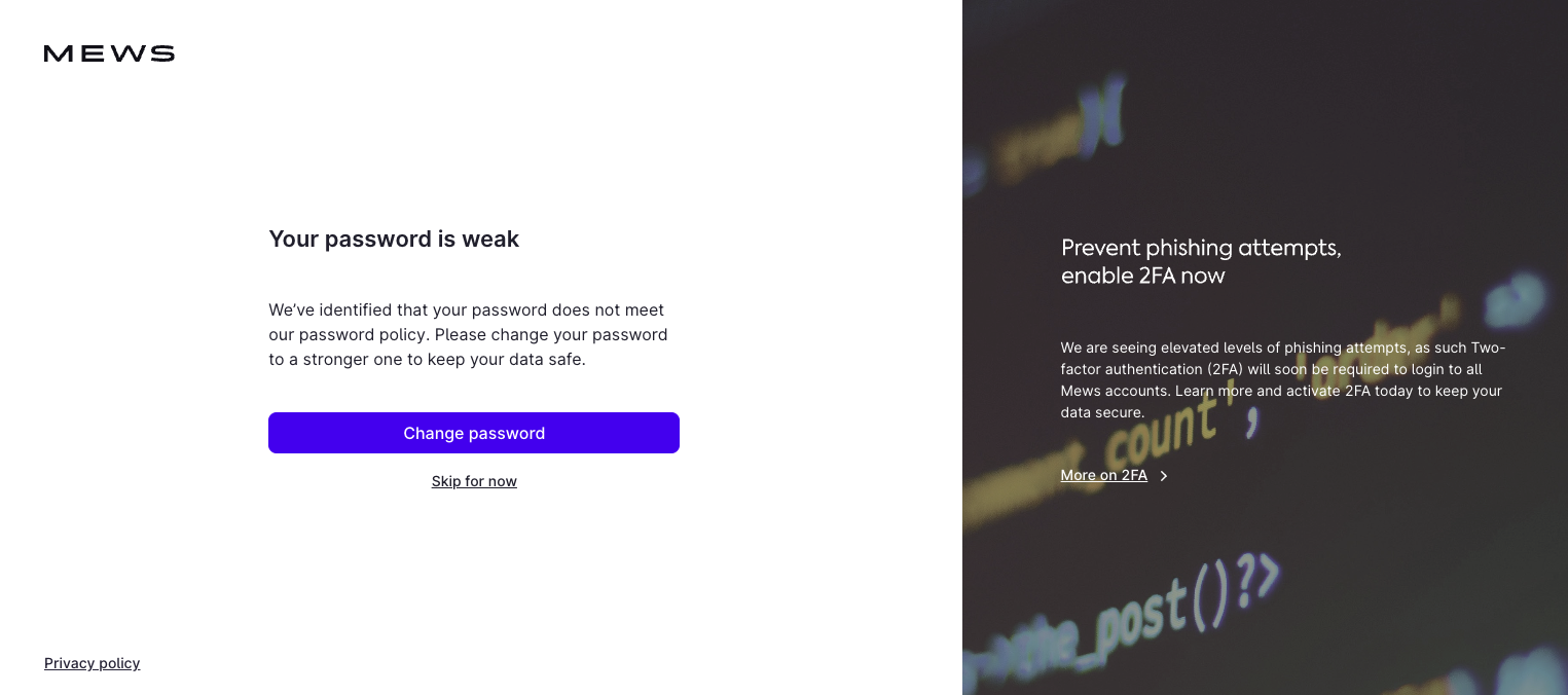 Weak password screen