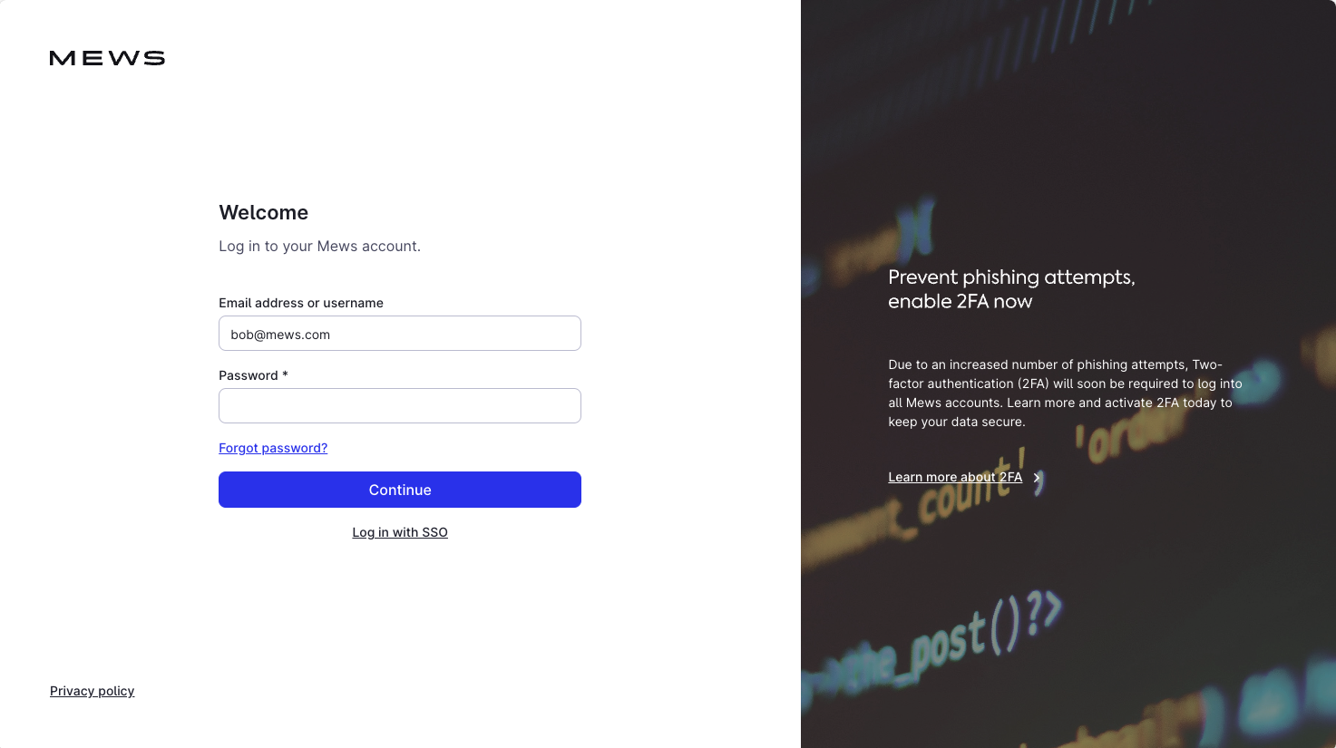 Mews login screen - enter password