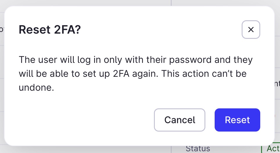 Reset 2FA Confirmation Pop-up
