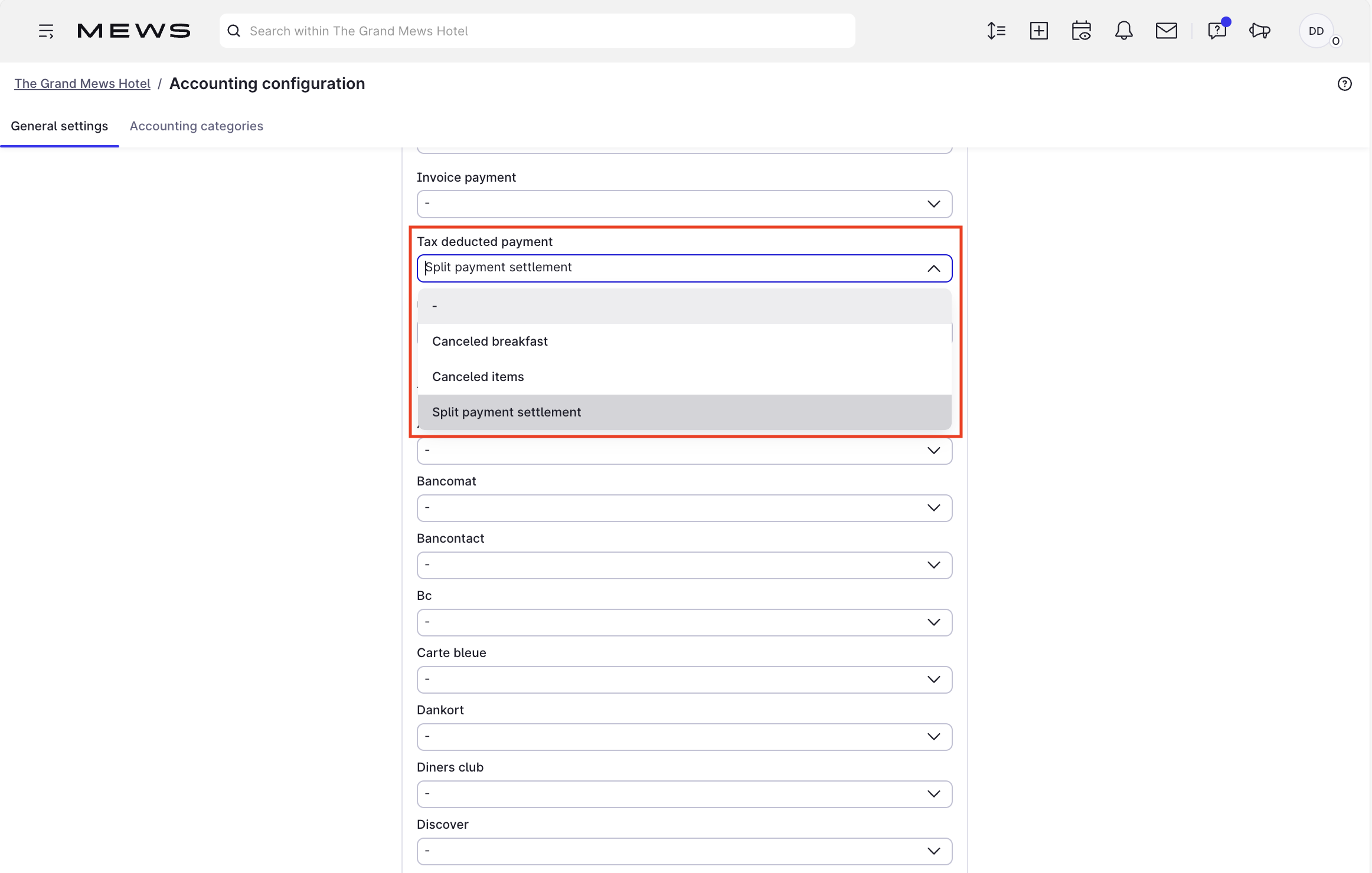 Tax deductions view in Accounting categories