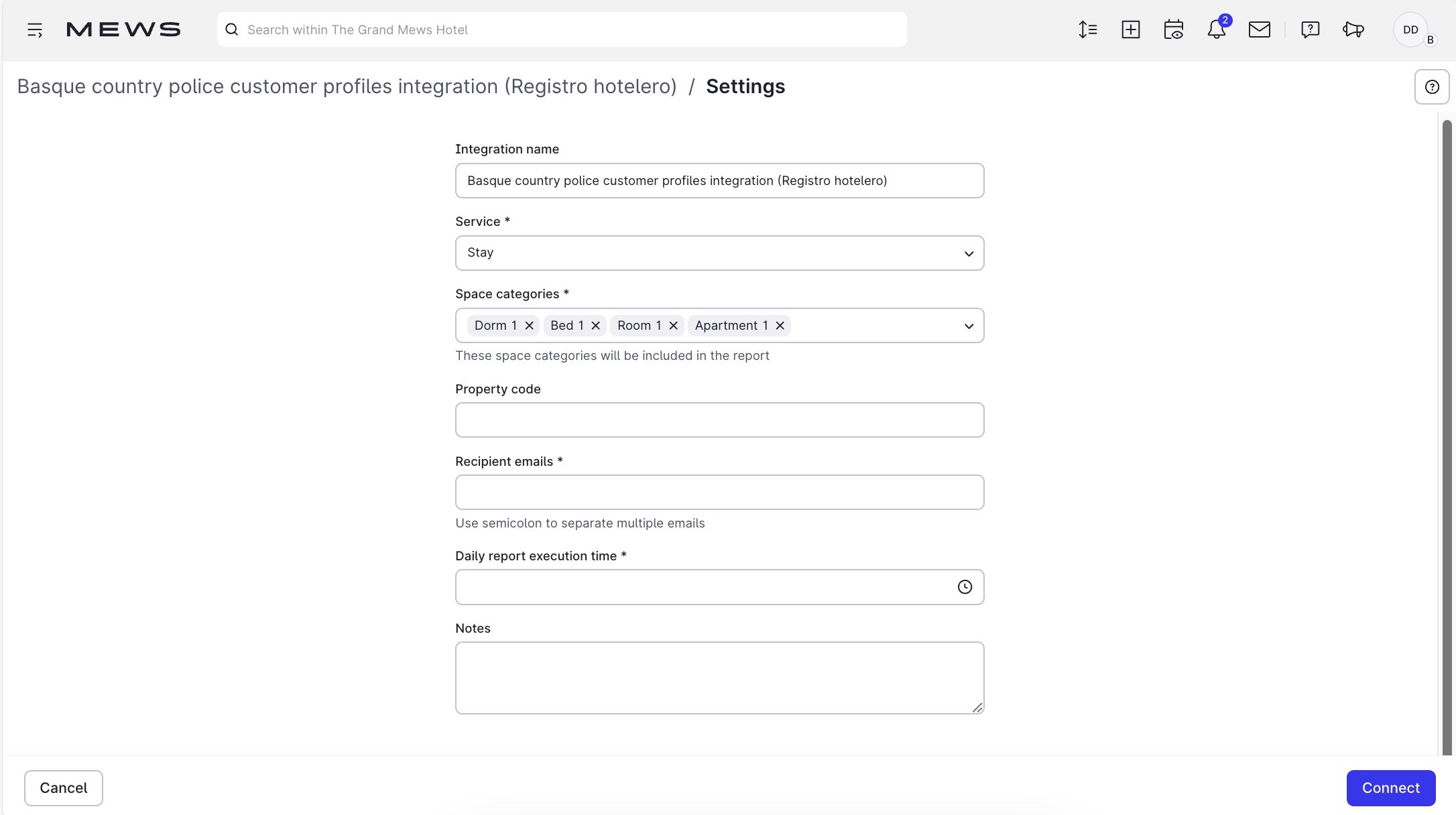 View with the Basque country police customer profiles integration (Registro hotelero) settings screen