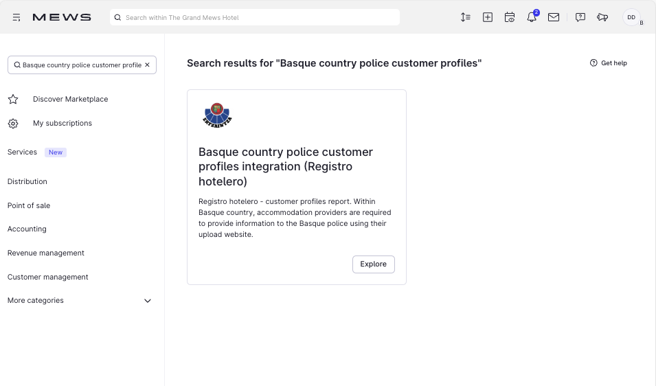 View with the Basque country police customer profiles integration (Registro hotelero) in Marketplace