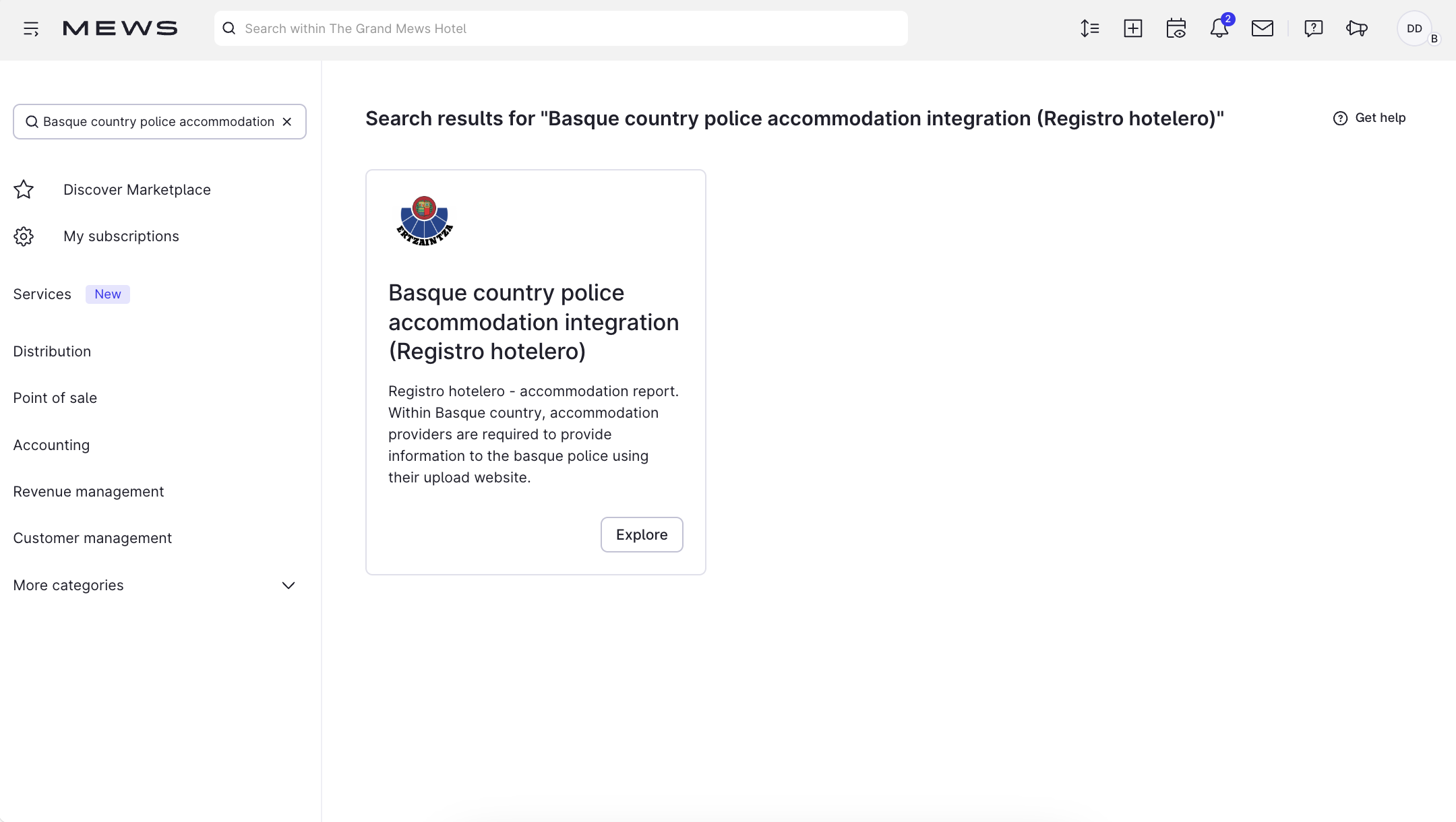 View with the Basque country police accommodation integration (Registro hotelero) in Marketplace