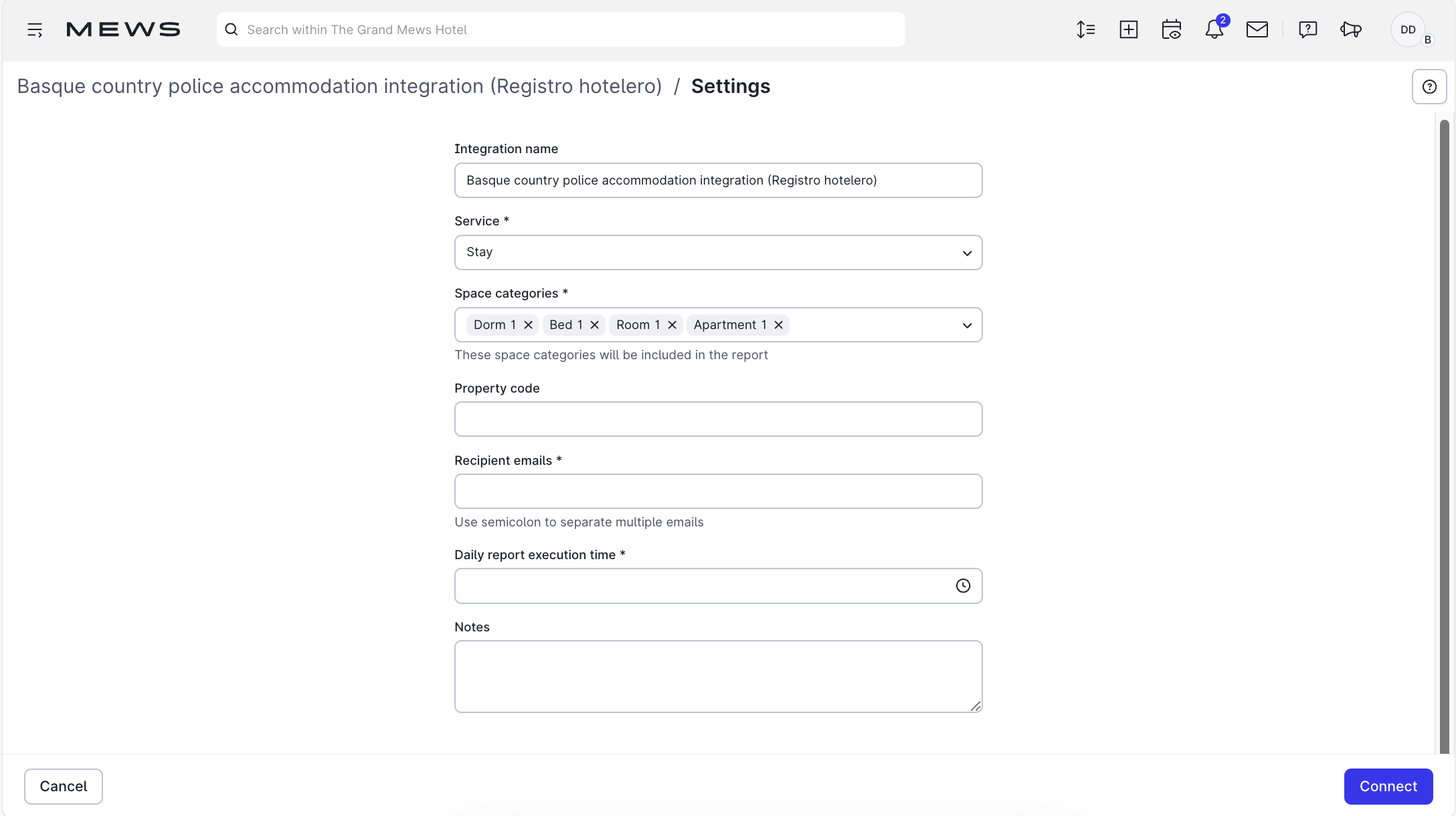 View with the Basque country police accommodation integration (Registro hotelero) settings screen