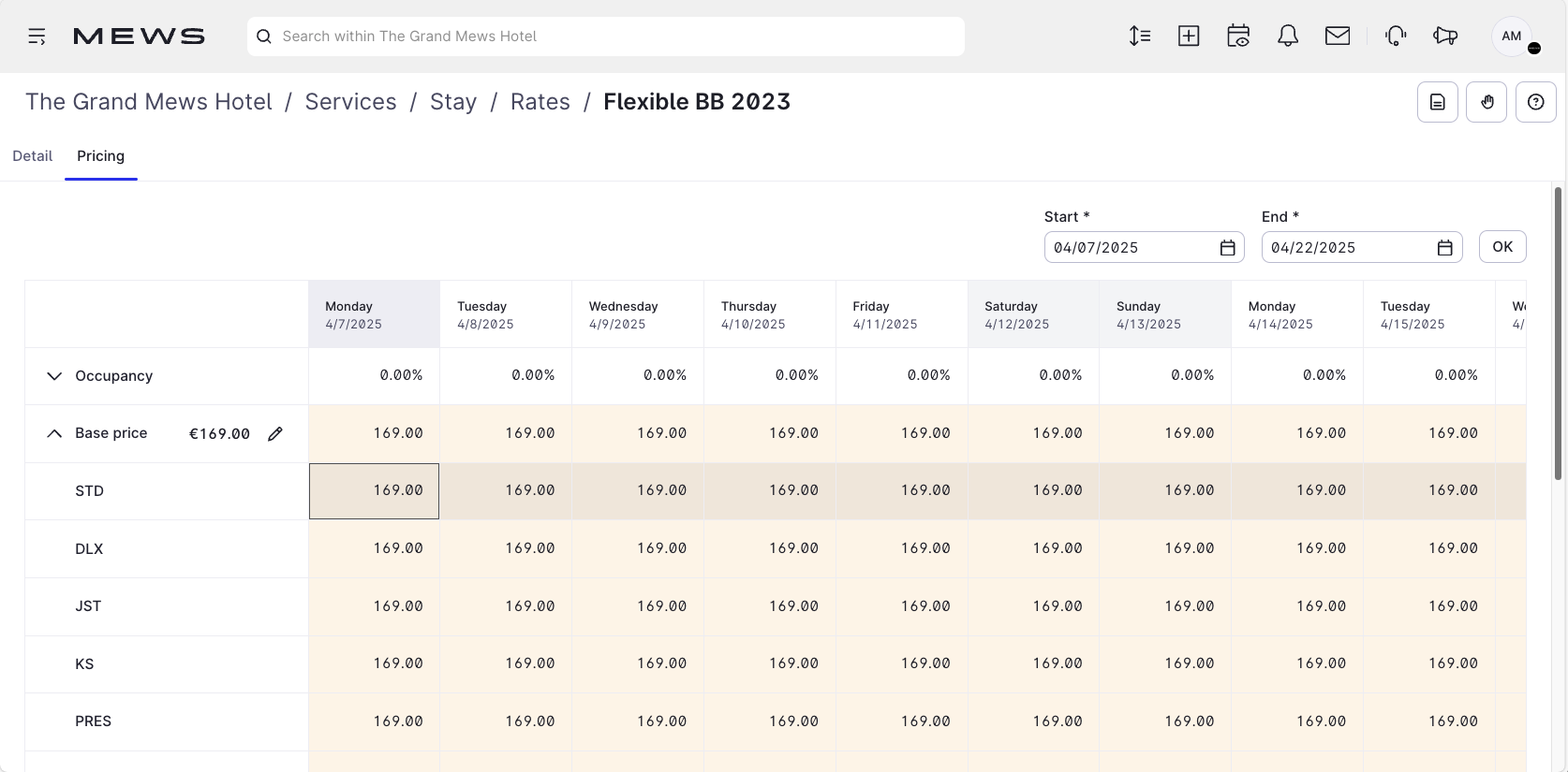 Pricing screen