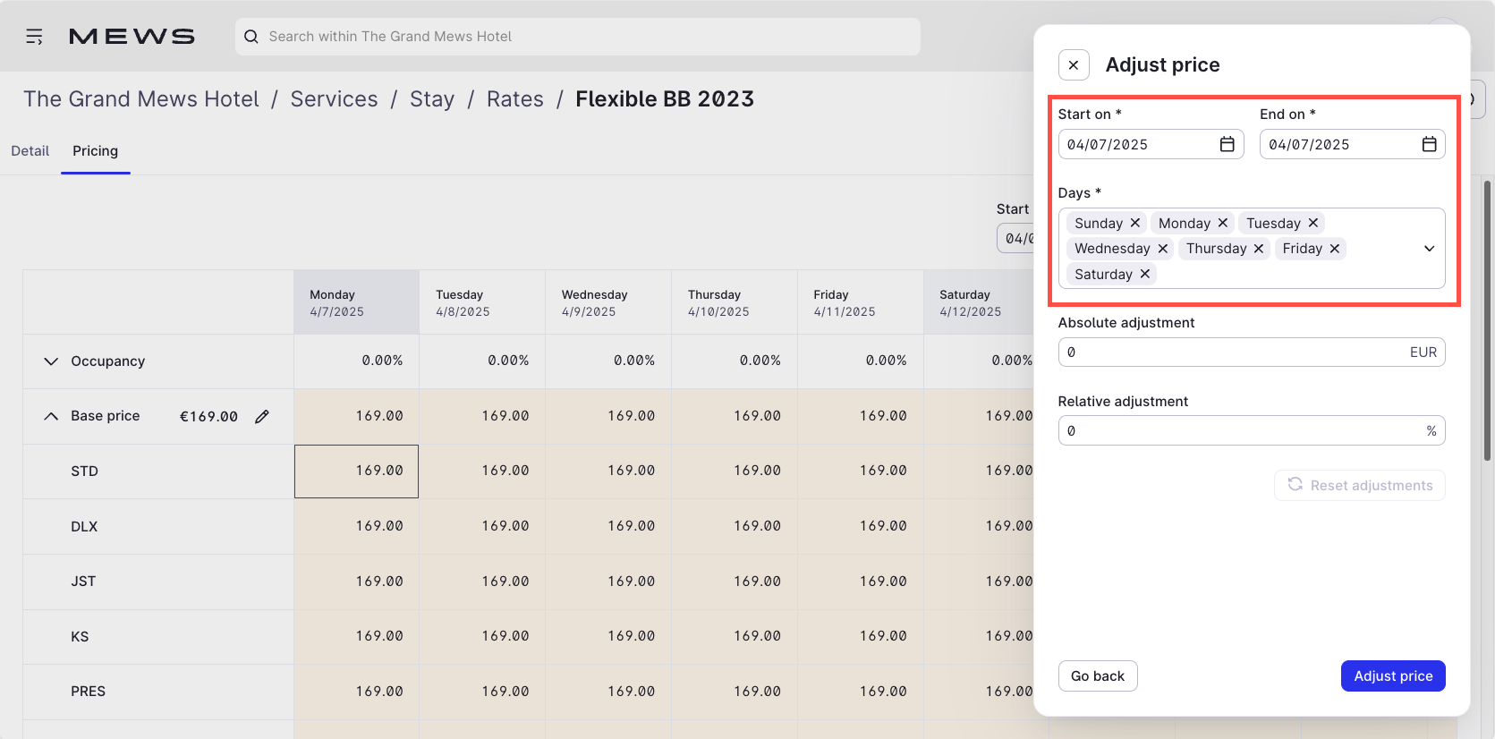 Adjust price specific days or dates