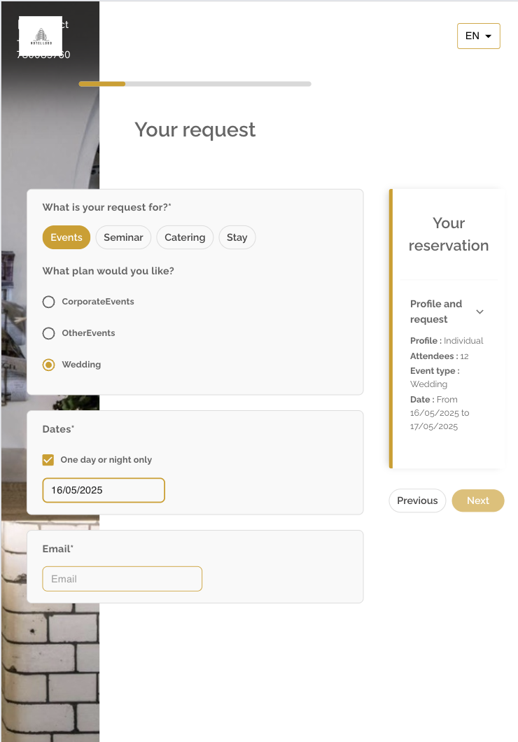 Example page from Mews Events booking engine