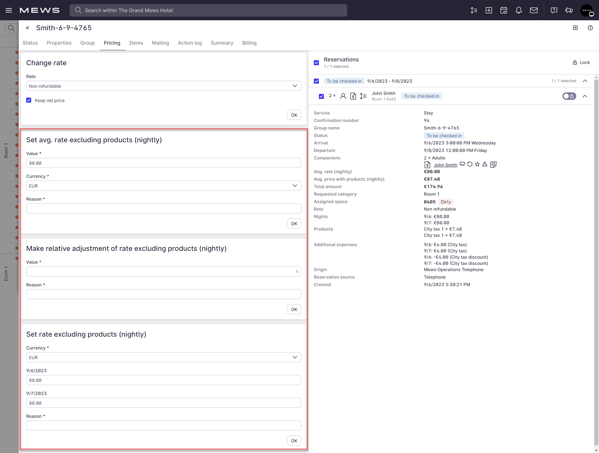 Screenshot from Mews Operations that shows the Pricing tab of a reservation