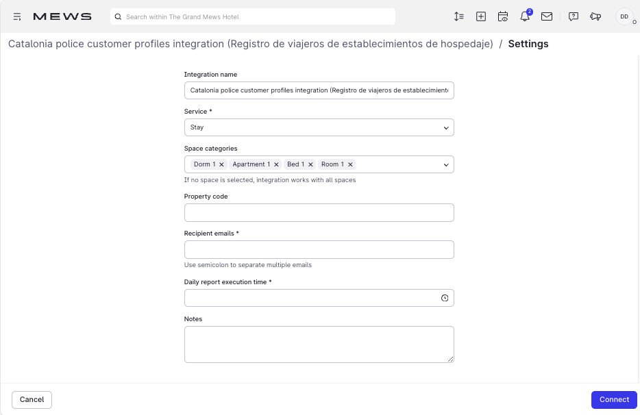 View with the Catalonia police customer profiles integration settings screen
