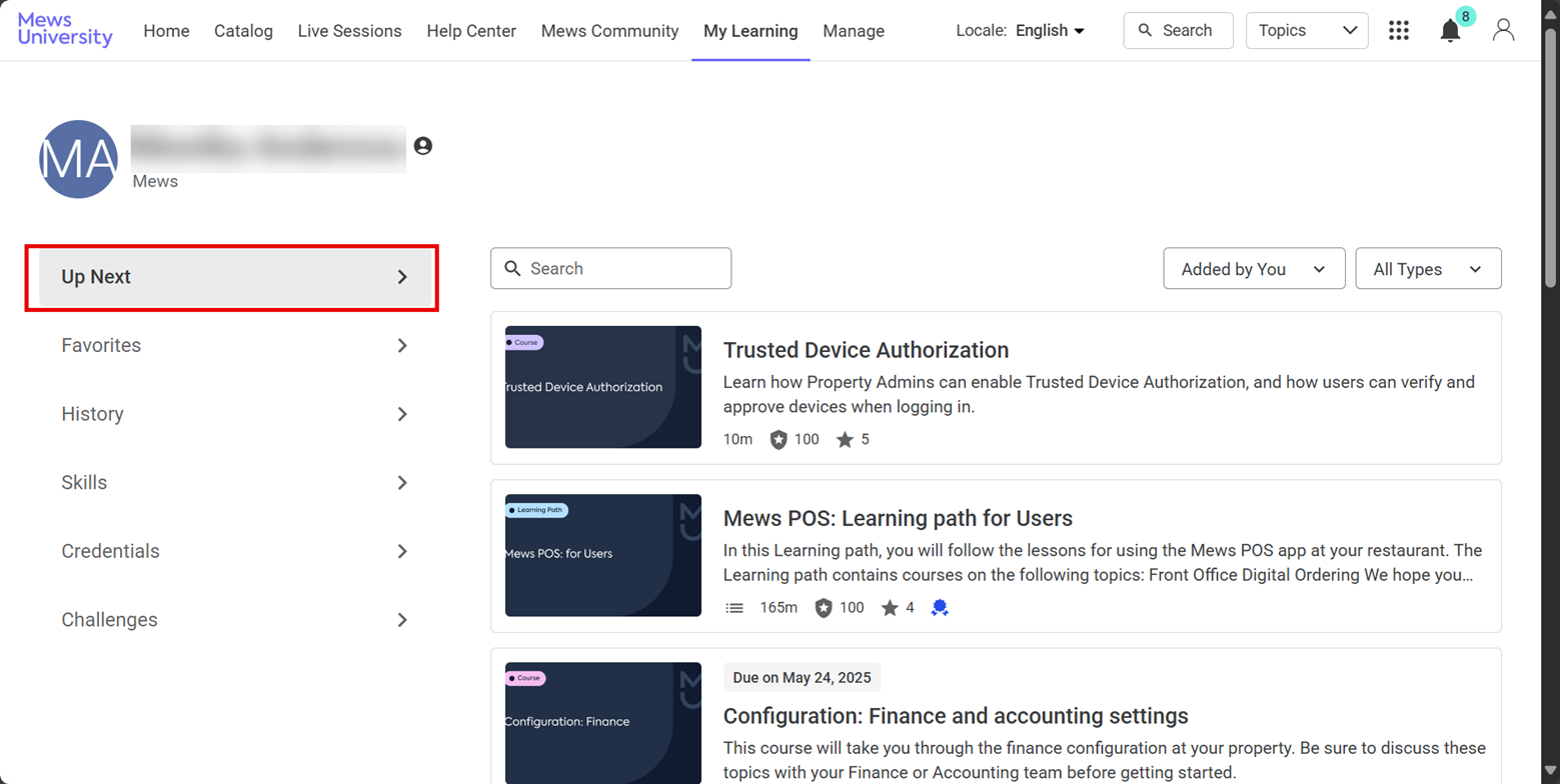 The My Learning page in Mews University. A red box highlights the Up Next tab on the left sidebar.