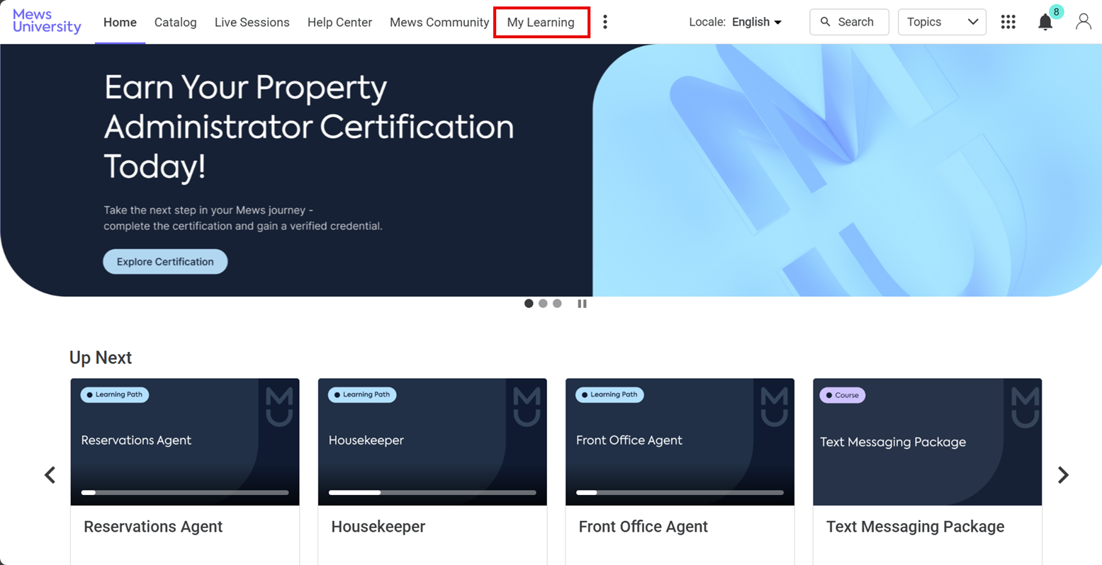 Mews university homepage. A red box highlights the My learning tab on the top horizontal toolbar.