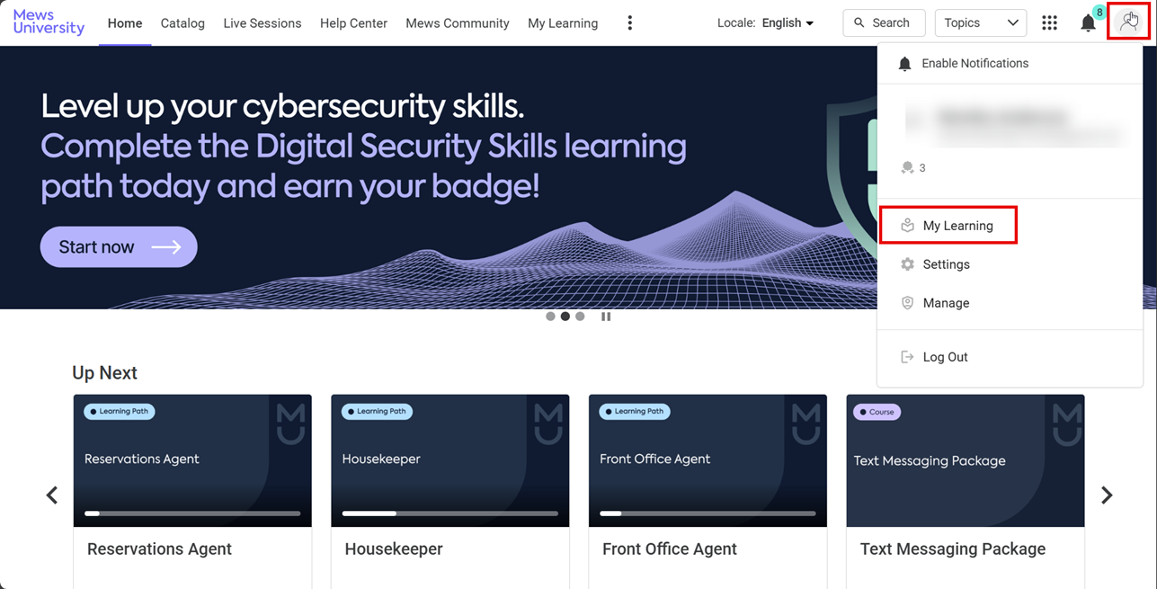 The Mews University homepage. A red box highlights the user profile icon on the top-right corner of the UI, and another red box highlights the My Learning option from the profile dropdown menu.