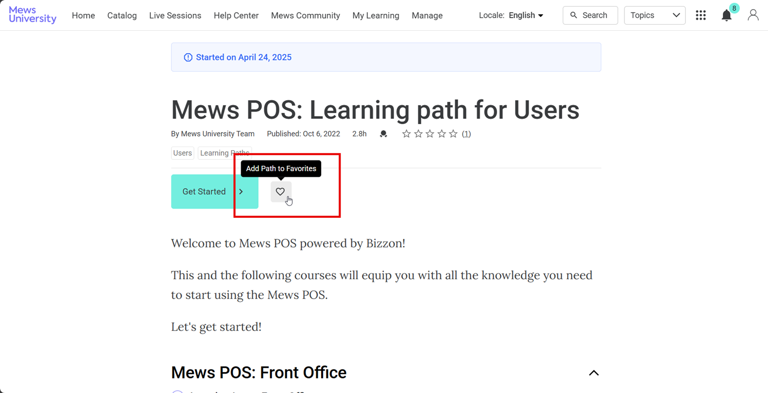 A screenshot of a learning pathway in mews operations. A red box highlights the add path to favorites heart button, to the right of the large teal get started button underneath the heading.