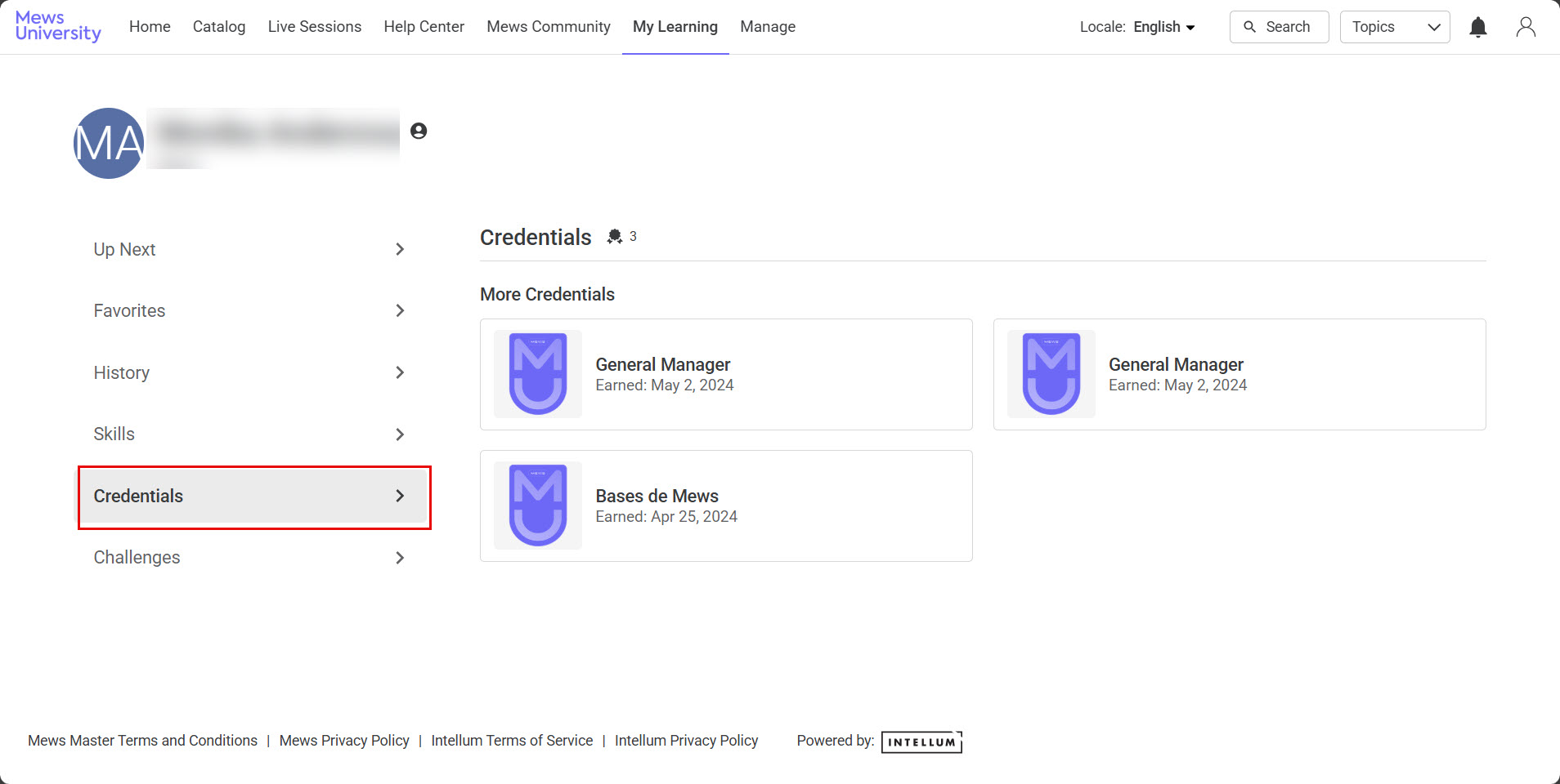 The My Learning page in Mews University. A red box highlights the Credentials tab on the left sidebar.