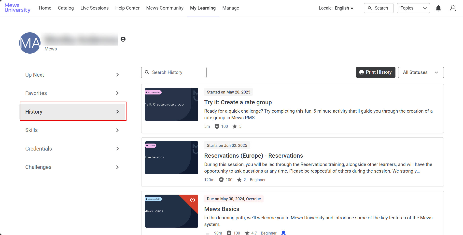 The My Learning page in Mews University. A red box highlights the History tab on the left sidebar.