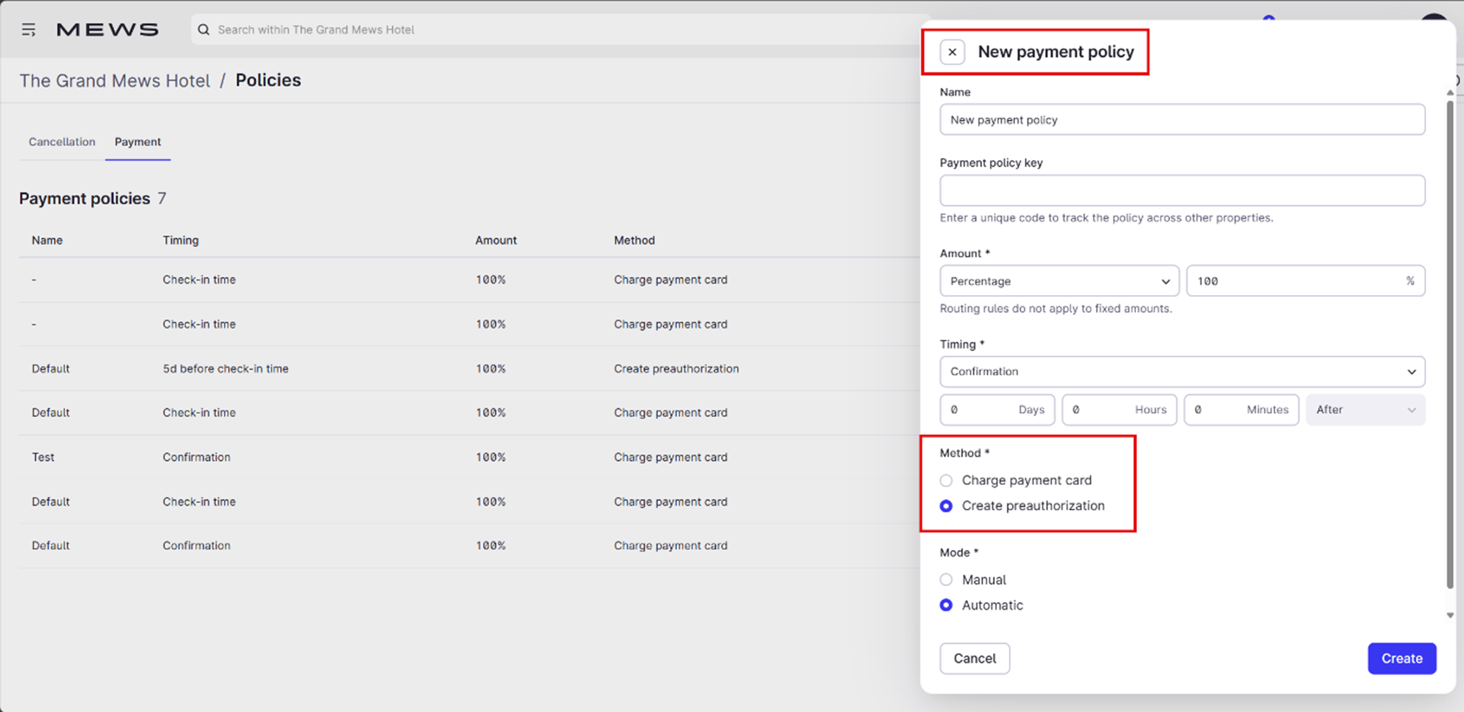 The new payment policy side window. A red box highlights the Method section and the Create preauthorization radio button is selected.