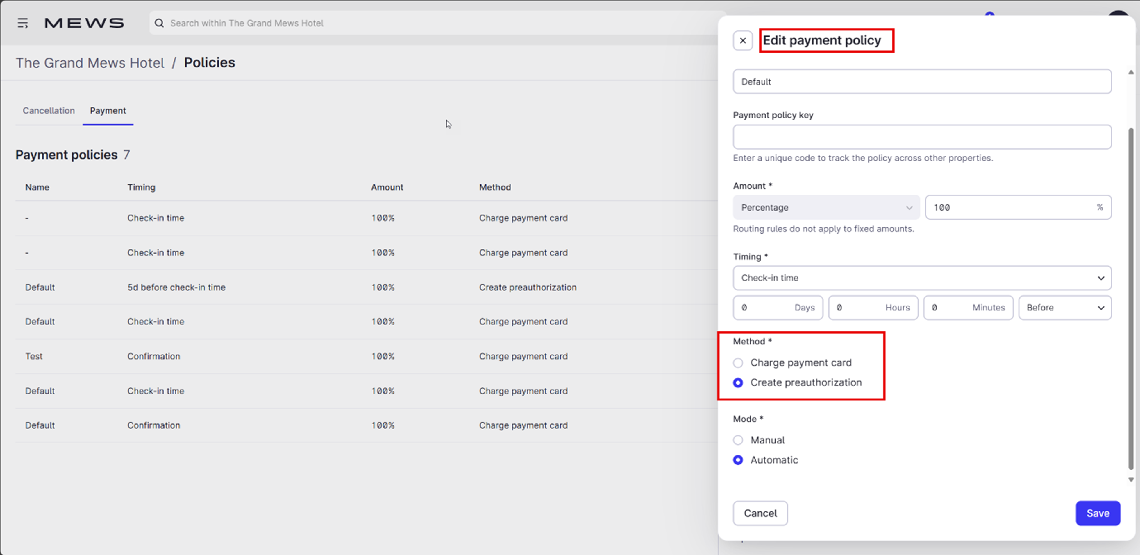 The edit payment policy side window. A red box highlights the method section. The option Create preauthorization is selected.