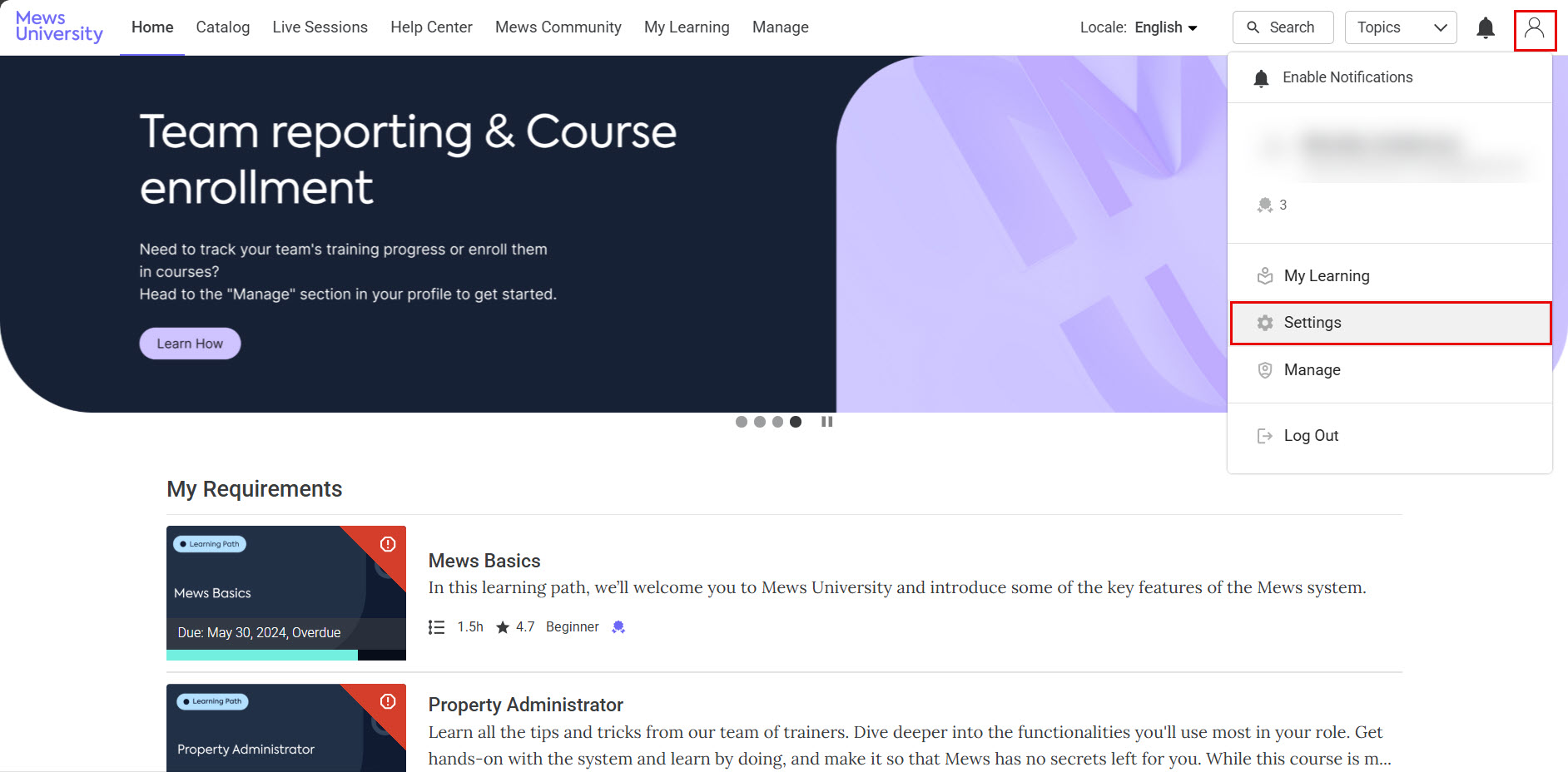 An image of the mews university homepage. A red box surrounds the settings option from the profile menu.