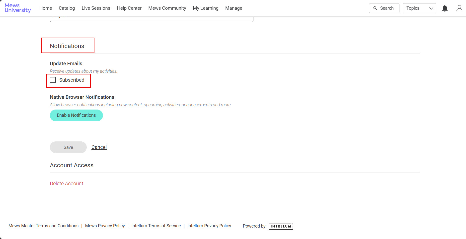 The user settings screen. The update emails section shows the subscribed button, unchecked, with a red box around it.