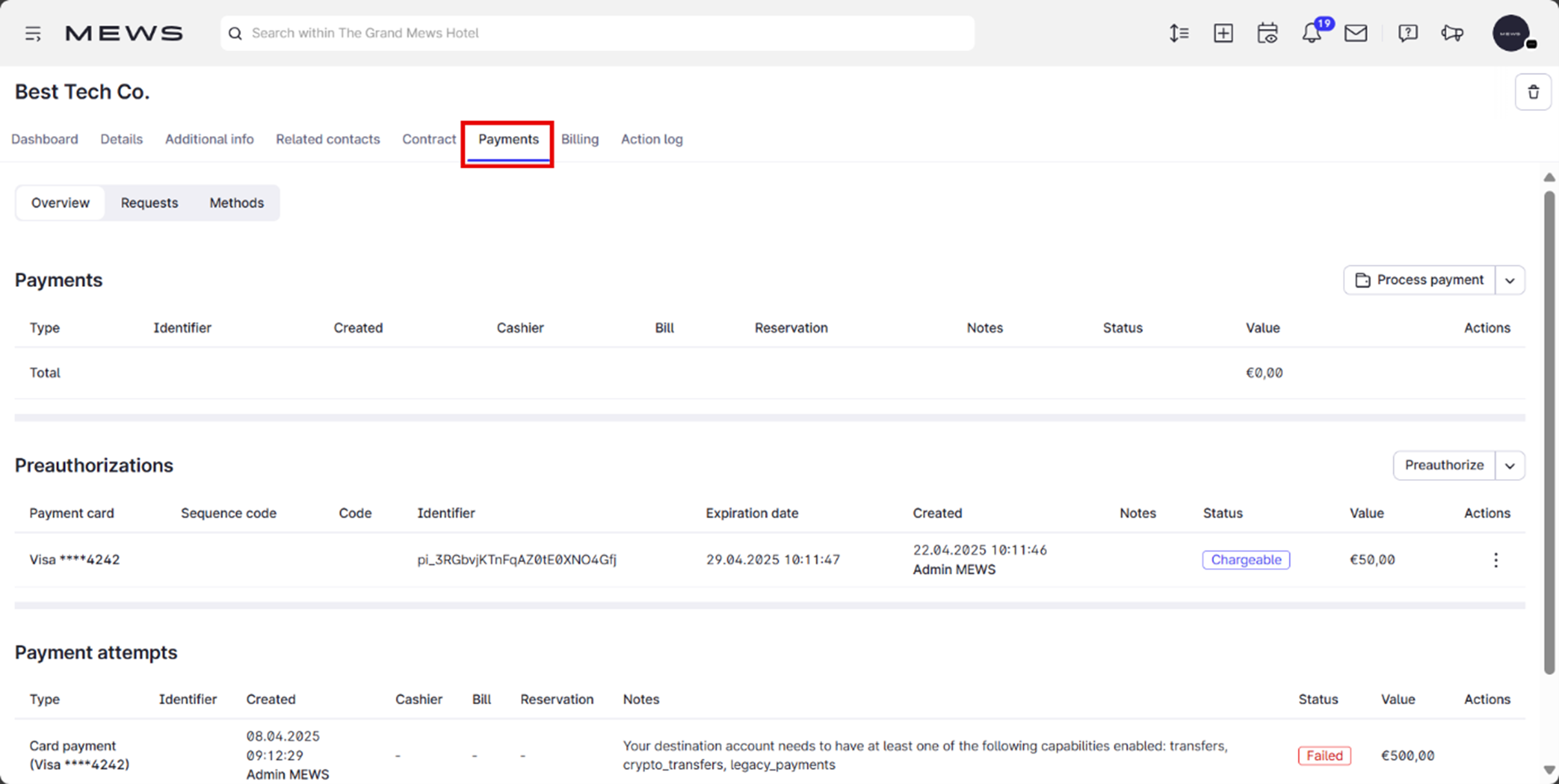 The payments tab of a profile in Mews operations.