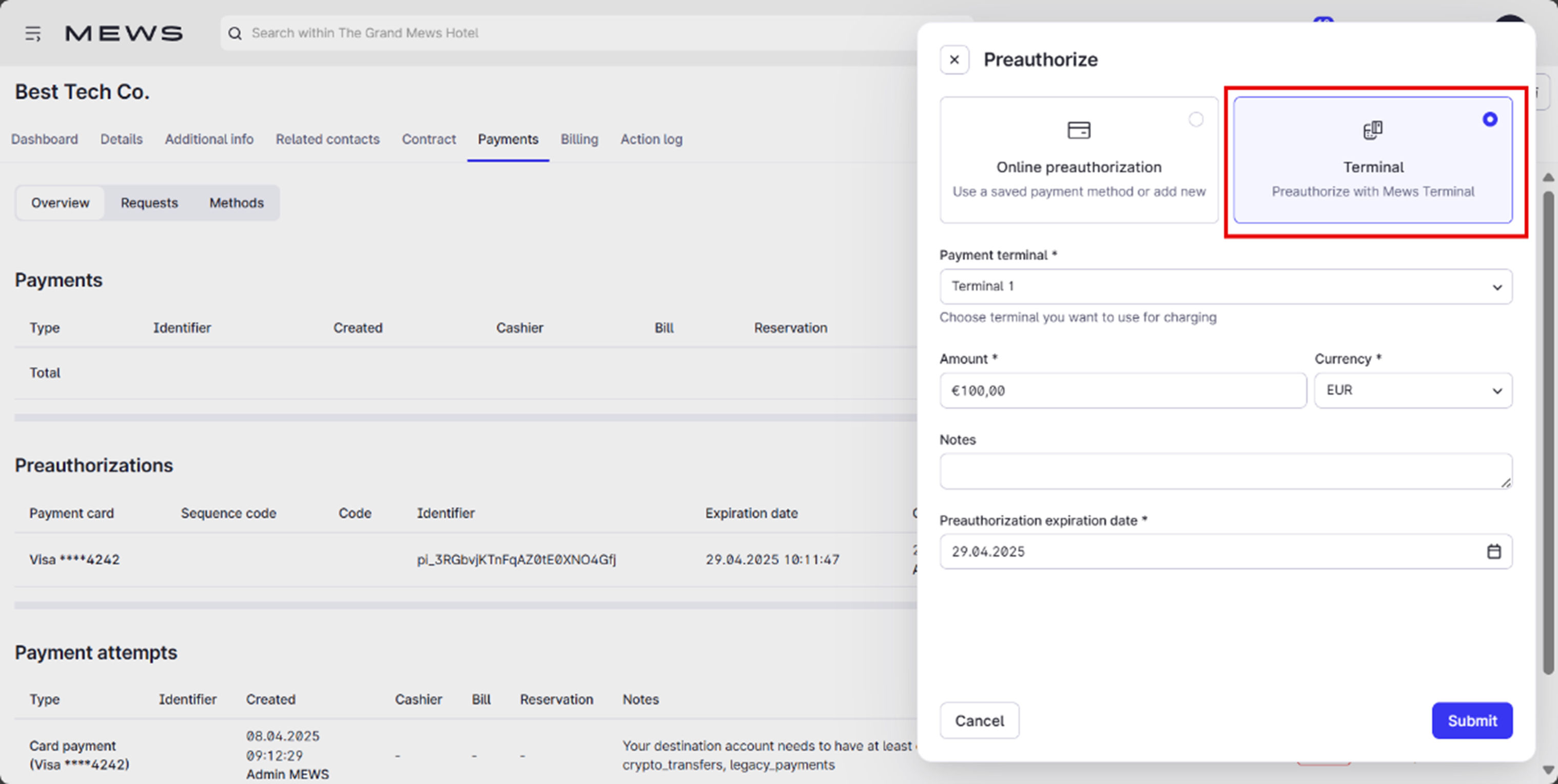The preauthorize side window. A red box highlights the 'Terminal' payment type at the top of the window.