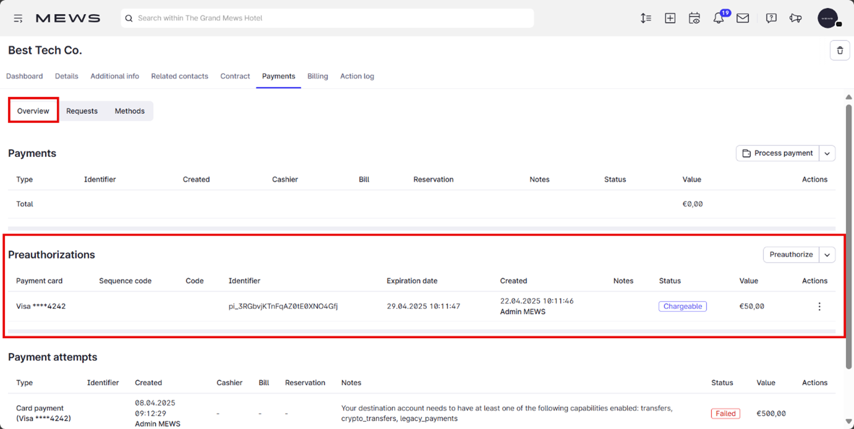 The Preauthorizations section in the Overview tab of the Payments section of a profile in mews Operations.