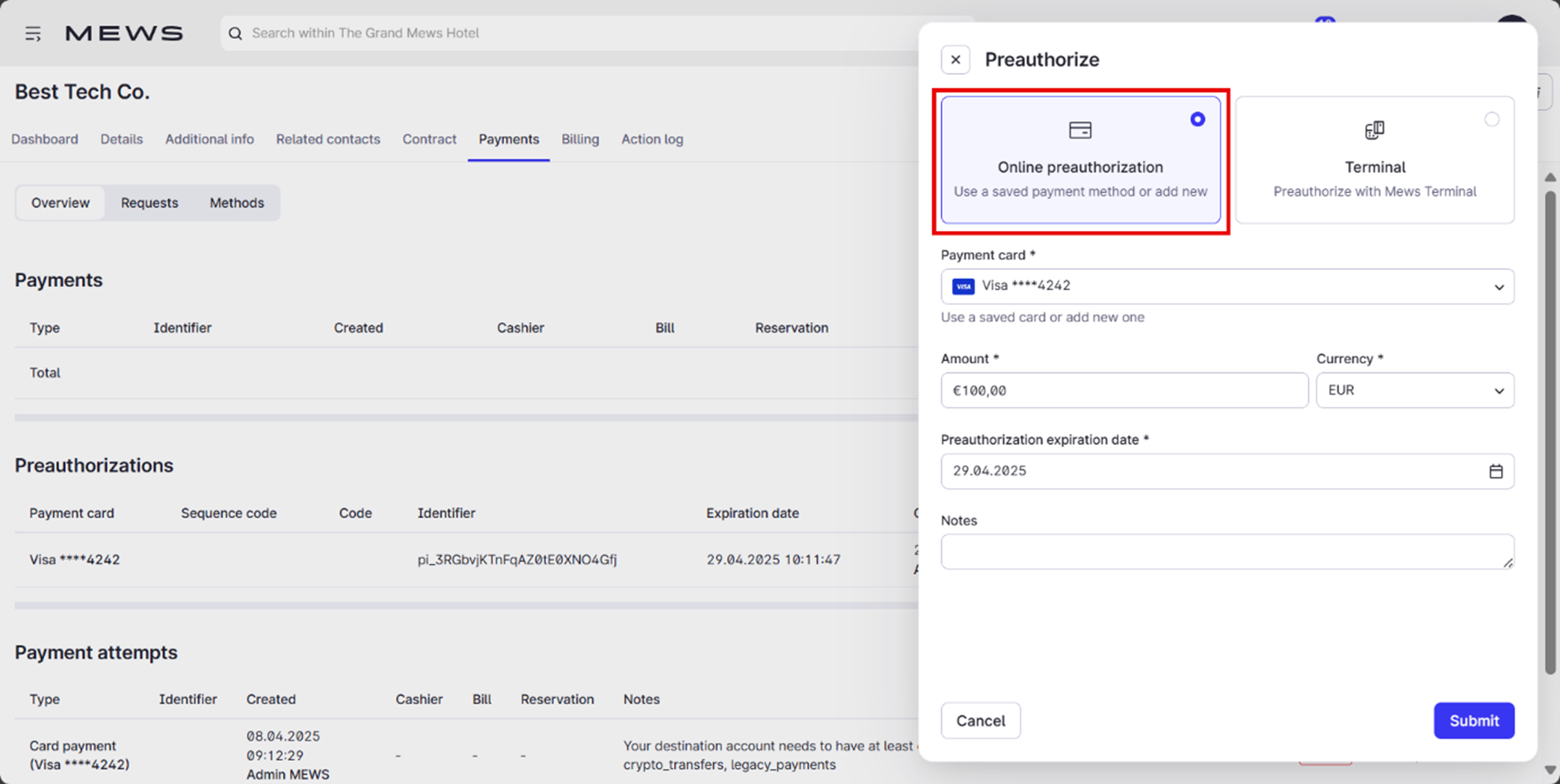 The preauthorize side window. A red box outlines the Online preauthorization payment option.