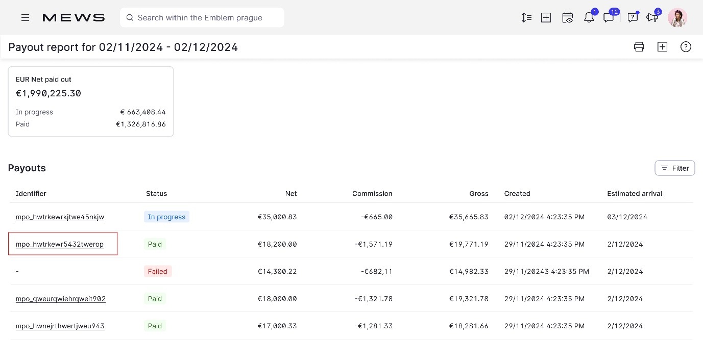 Screenshot of Mews payout report