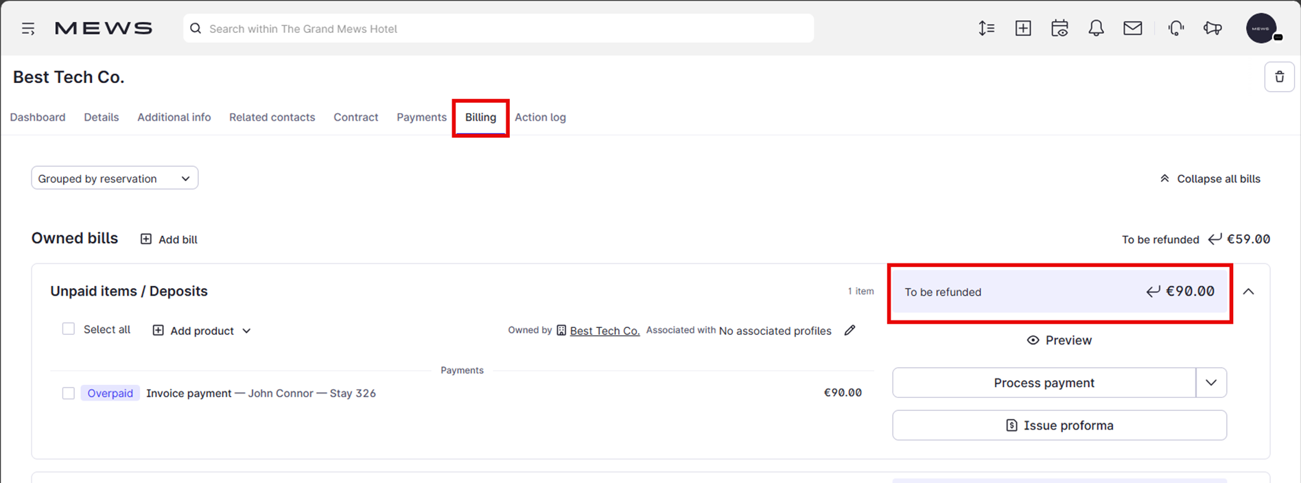 The billing section of a company profile shows an 'overpaid' transaction which is counted as a refund.