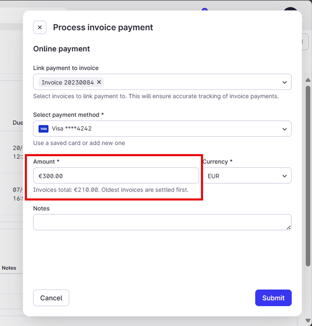 The process invoice payment screen. The amount of the transaction exceeds the total of the invoices.