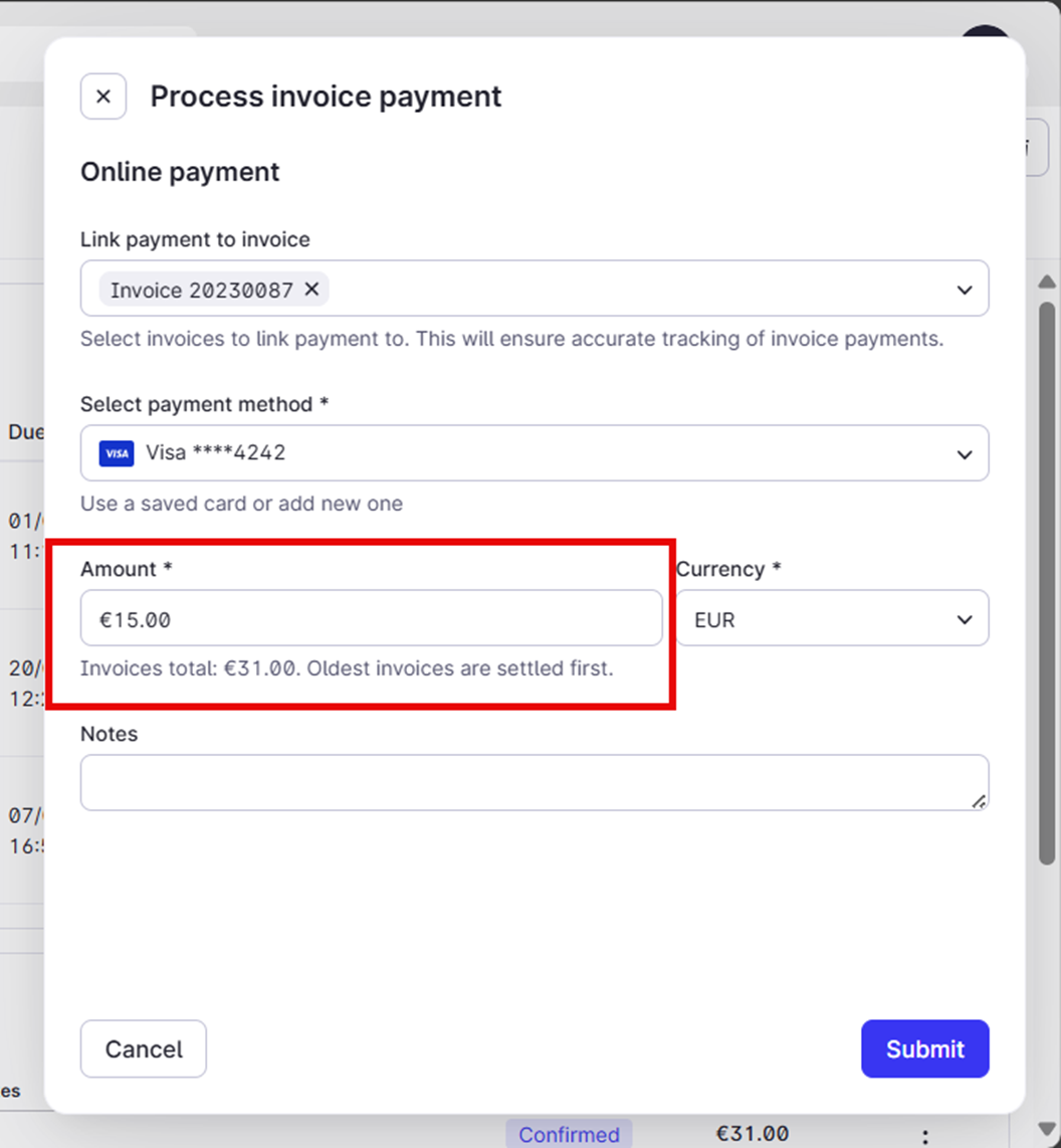 The process invoice payment screen. The amount of the payment is less than the invoices total.
