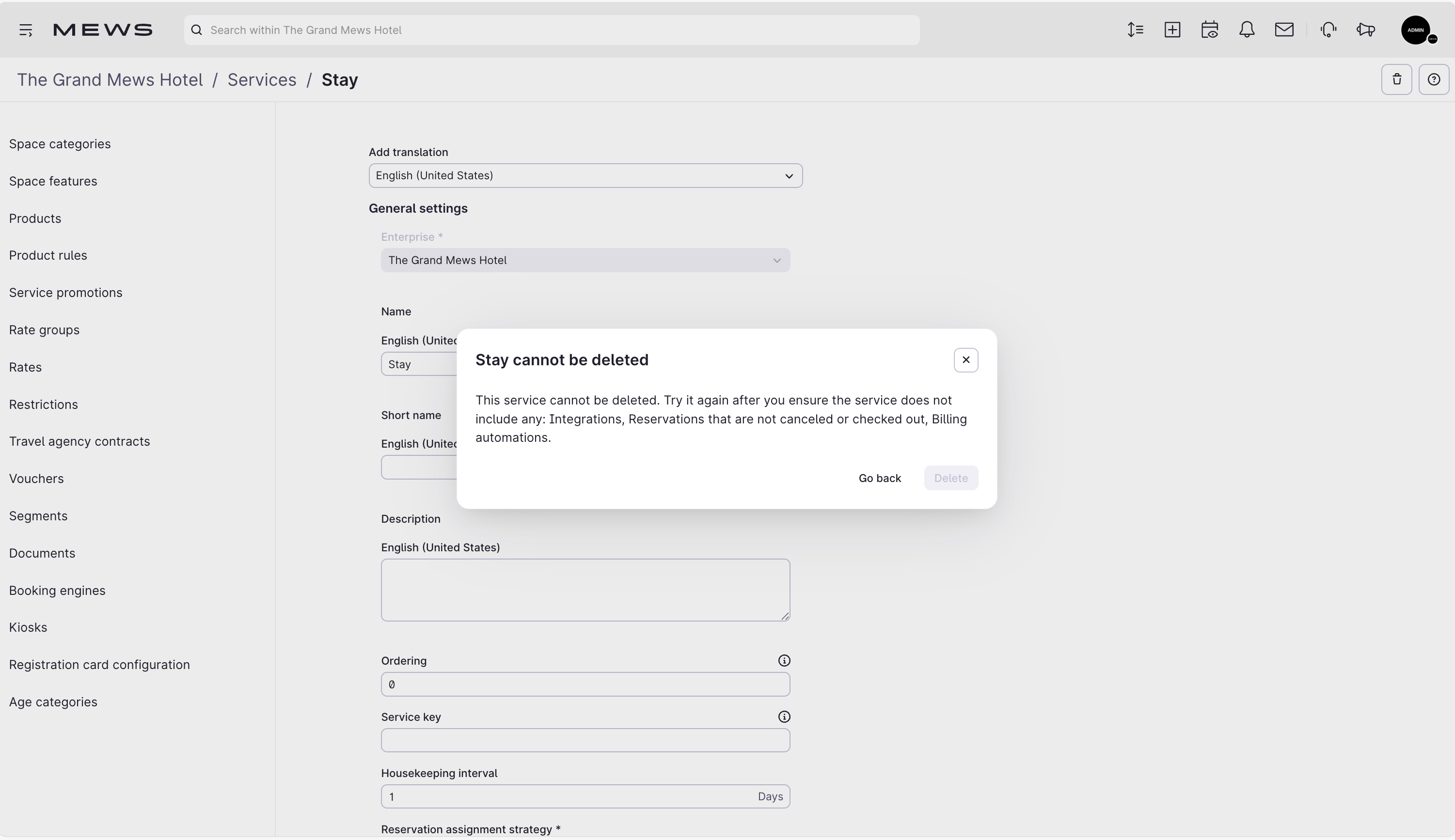 Unable to delete a bookable service