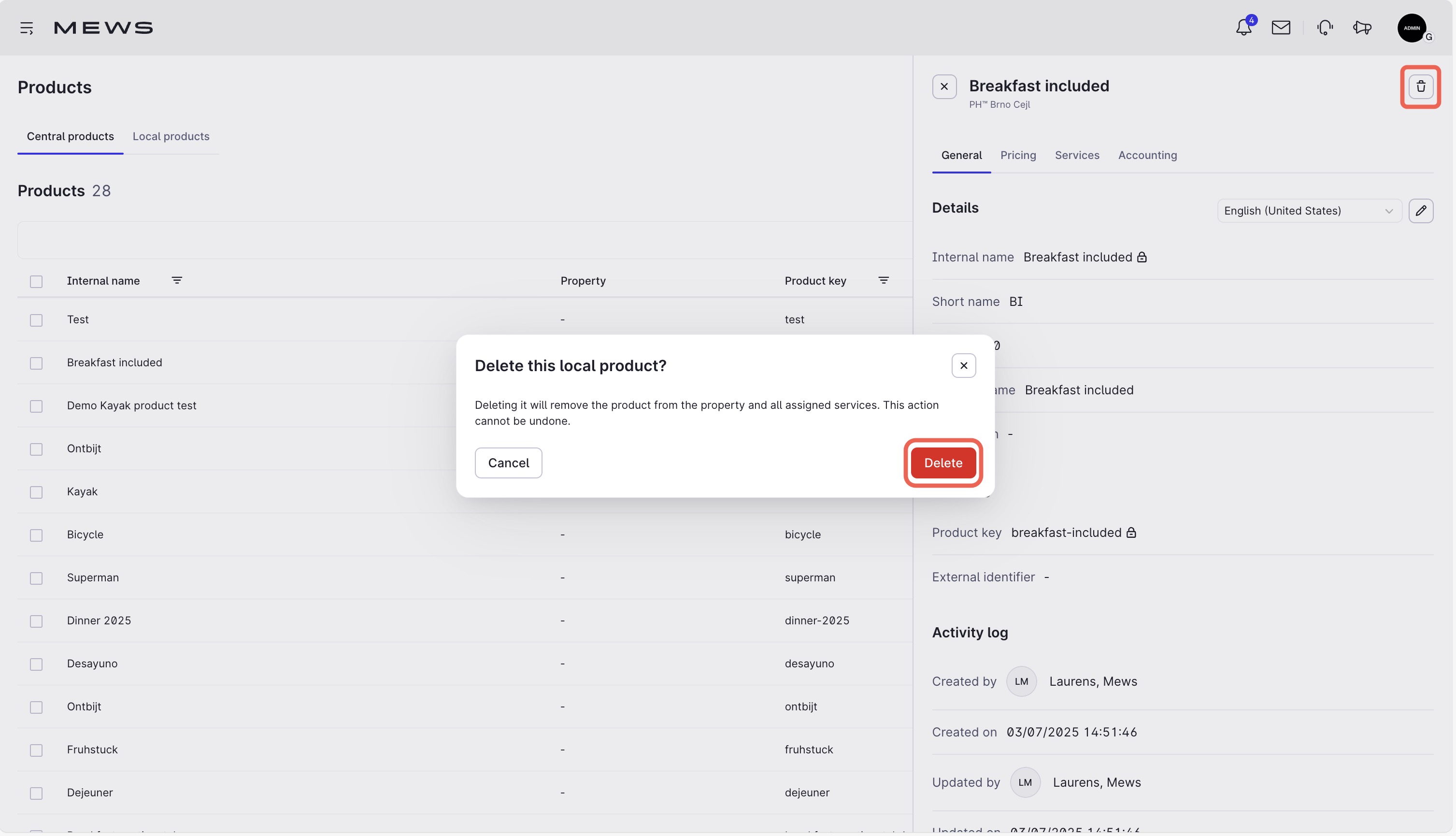 Delete a local product linked to a central product in Mews Multi-Property screen.
