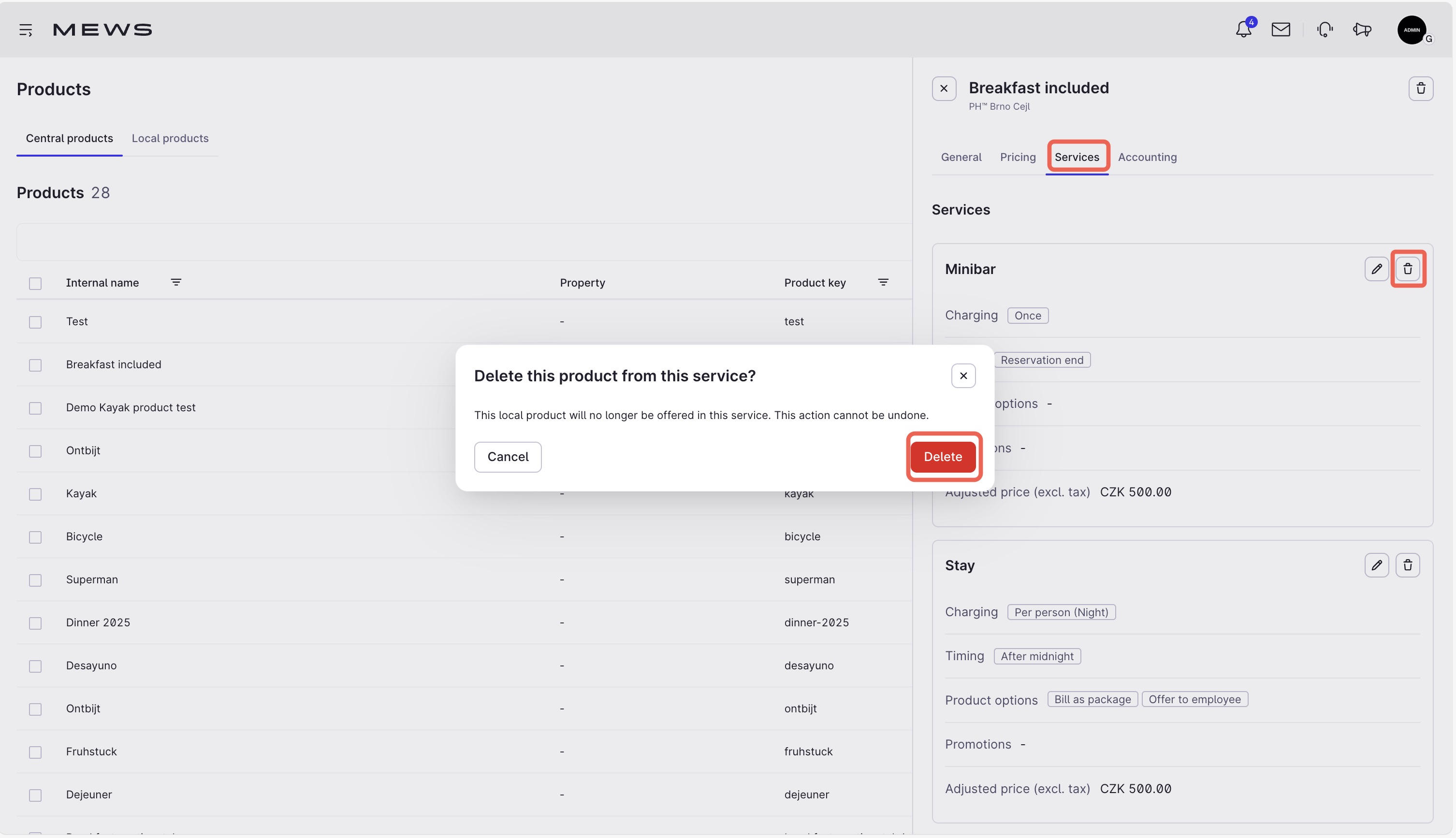 Delete a local product from a service in Mews Multi-Property.