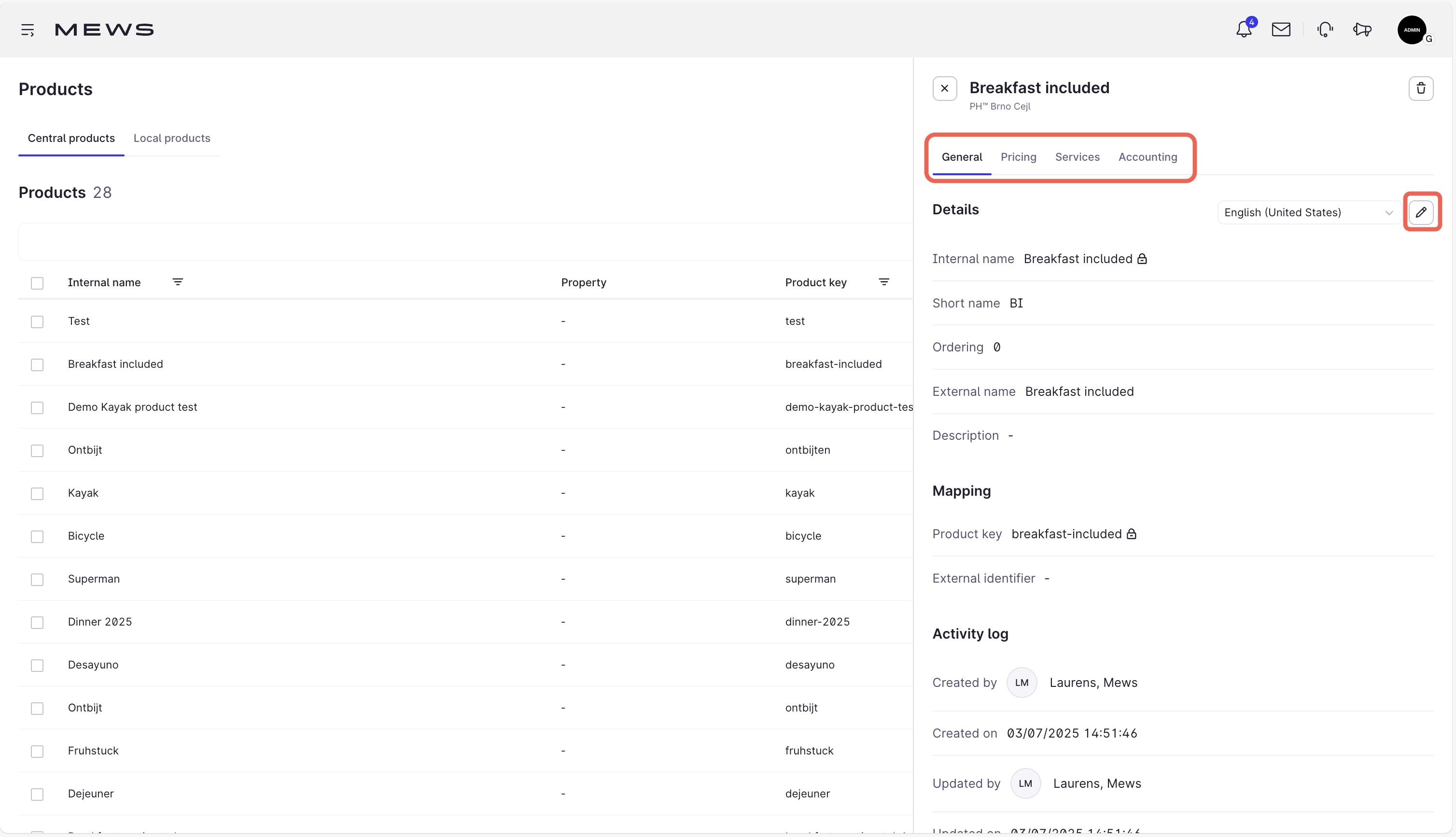Modify local products linked to central products in Mews Multi-Property screen.