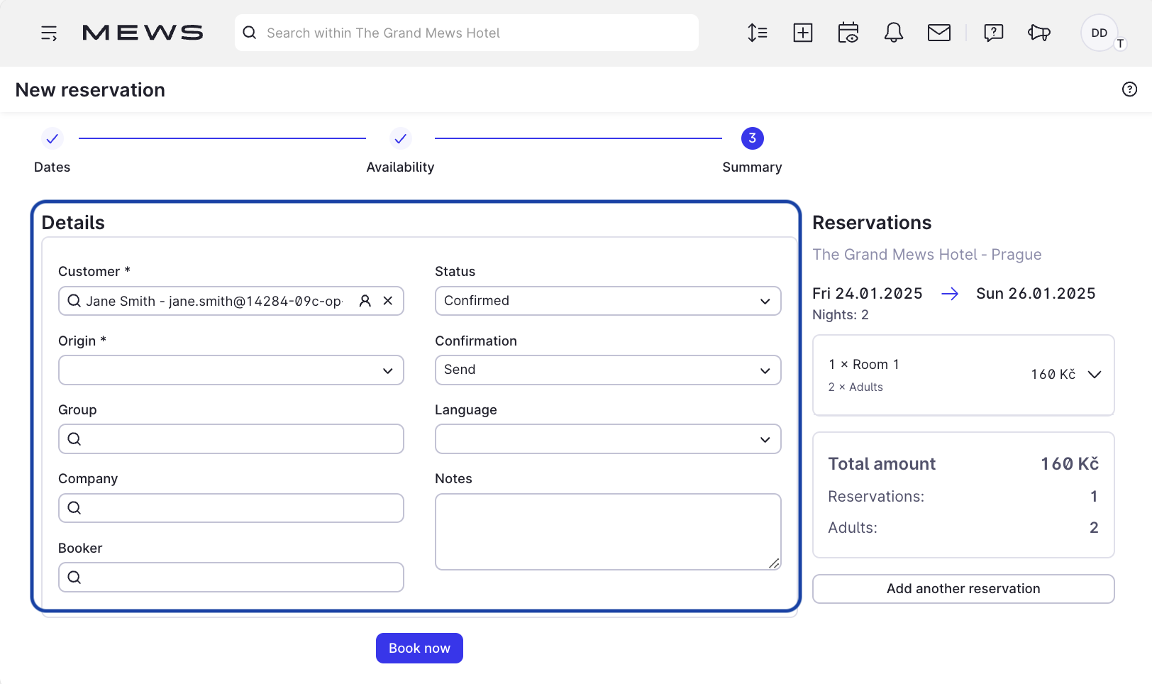 The Summary view for a new reservation